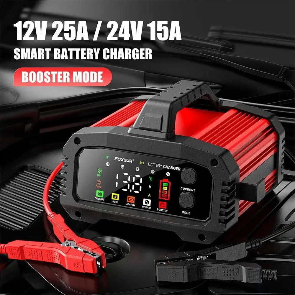 Brand Name Portable Smart Car Battery Charger - 25A/15A for 12V-24V Batteries, Pulse Repair, AGM, GEL, LiFePo4