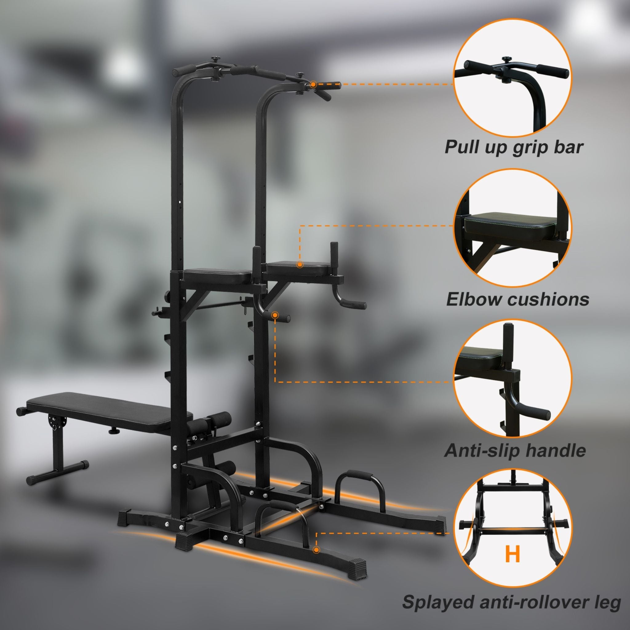 Rovix Power Tower Heavy-Duty Multi-Functional Dip Station With Bench, Pull Up Bar, And Adjustable Height For Home Gyms (SAK64