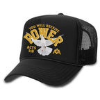 POWER Trucker - Black/Butterscotch — Malta Apparel Christian streetwear