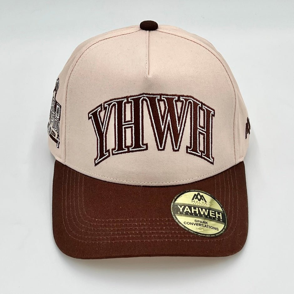 Malta Apparel ‘YHWH’ Structured SnapBack - Cream/Brown — in-use photo