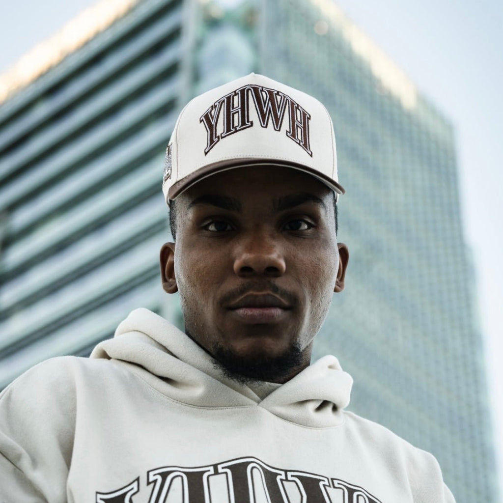 Malta Apparel ‘YHWH’ Structured SnapBack - Cream/Brown — detail close-up
