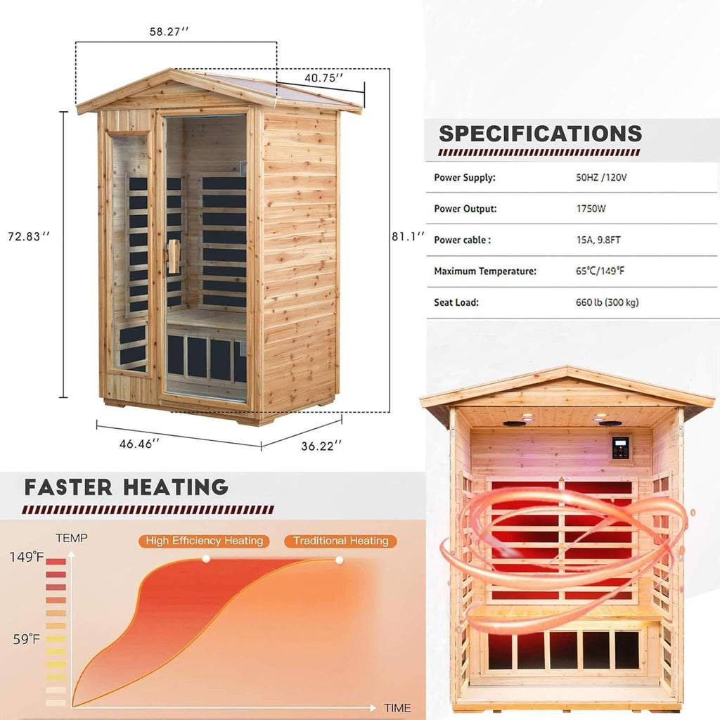 Thermora Zorin Premium 2-Person Indoor Outdoor Low EMF FAR-Infrared Hemlock Wood Personal Home Sauna Spa, 1750W (SAK27451) – 