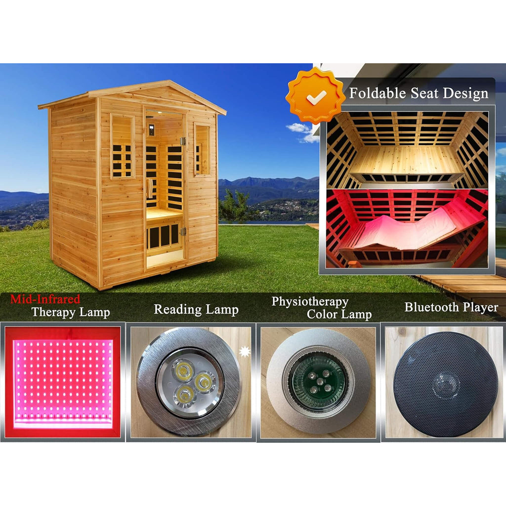 Thermora Kora Deluxe 3-Person Outdoor Full Spectrum Low EMF Infrared Home Sauna With Bluetooth Speakers And LED Reading Light