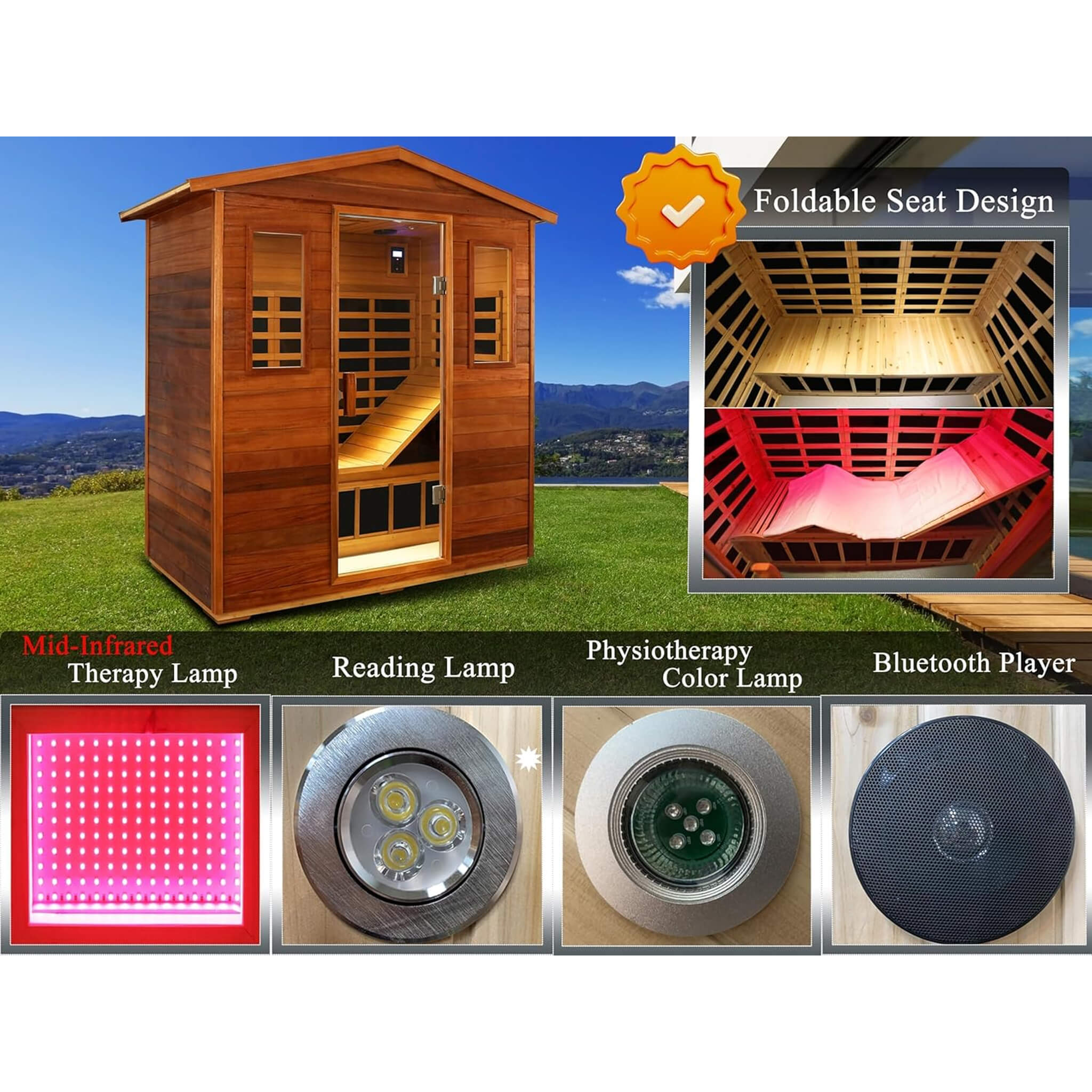 Thermora Vanta Luxury 3-Person Outdoor Mahogany Full Spectrum Ultra-Low EMF FAR Infrared Sauna With Chromotherapy And Bluetoo