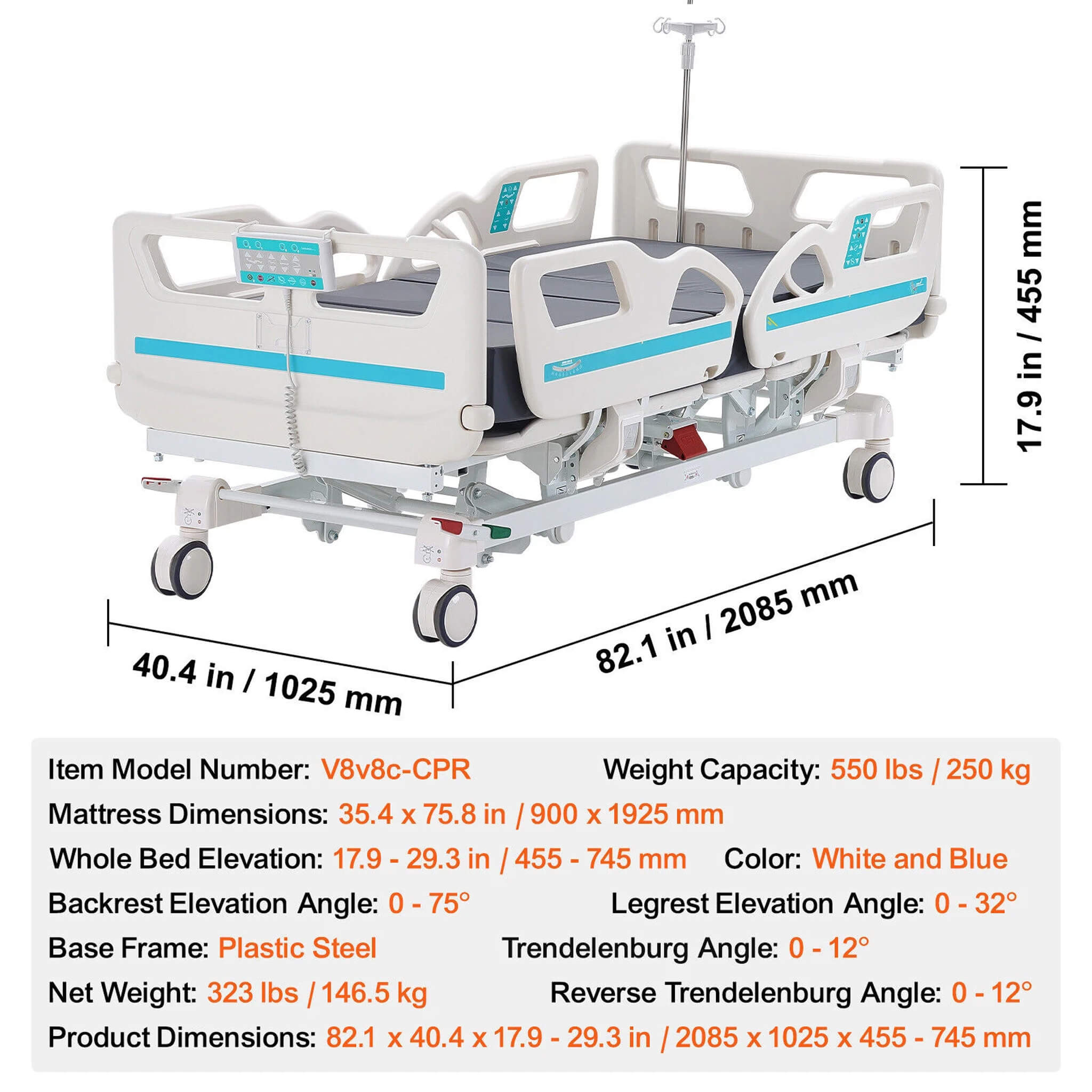 Premium 5-Function Electric Adjustable Medical Hospital Bed With Cardiac Position, 550LBS (SAK62312) – SAKSBY WHOLESALE, view