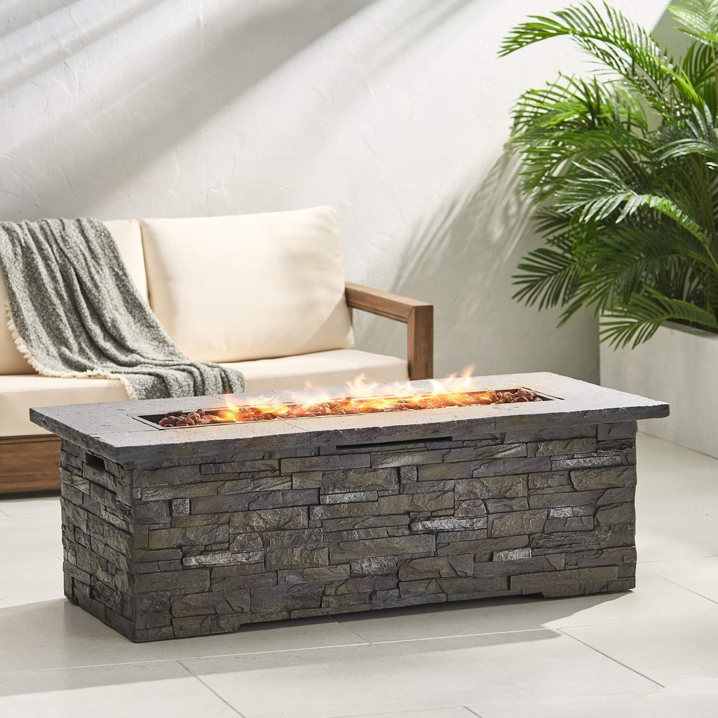 Alora Premium 56" Outdoor Rectangular Concrete Propane Fire Pit W/ Faux Stone Pattern, 50K BTU (SAK31845) – SAKSBY WHOLESALE,