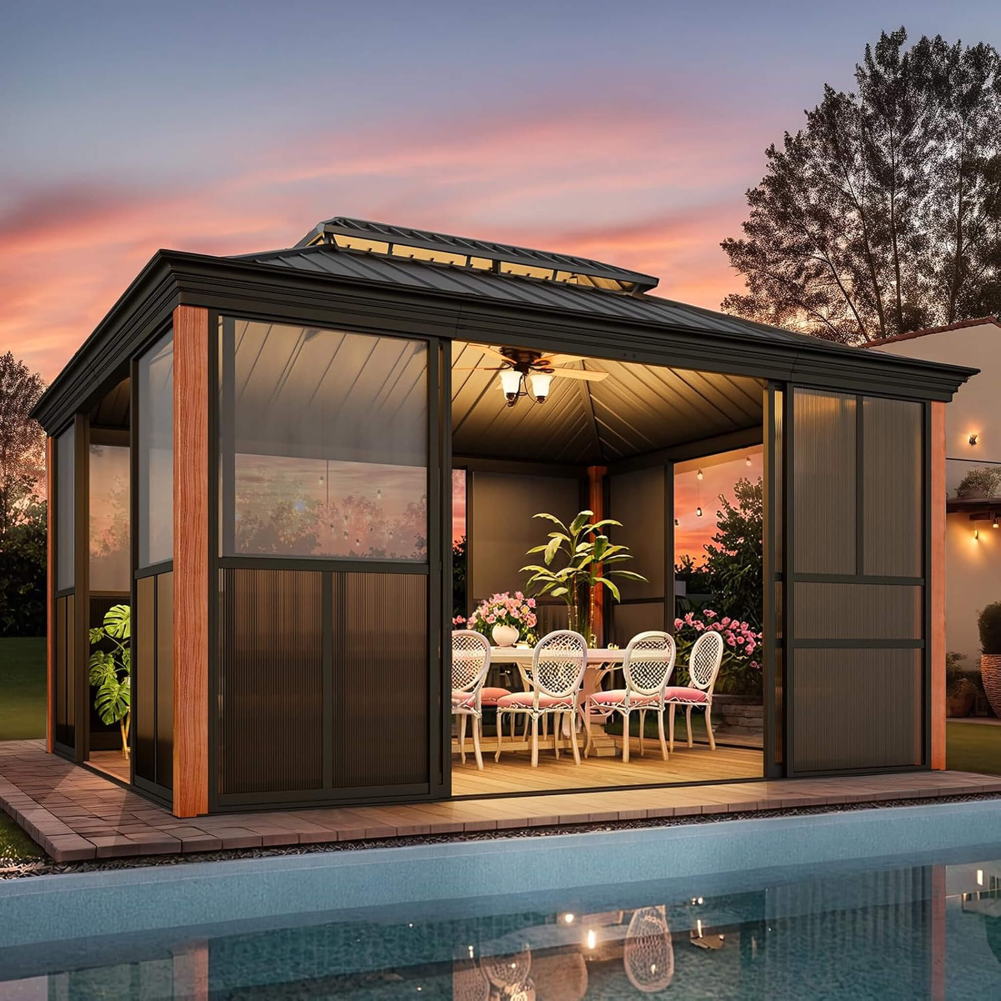 Alora Solstice Premium All-Season Outdoor Wood Grain Sunroom With Sliding Doors And Double Top Roof (SAK58317) – SAKSBY WHOLE