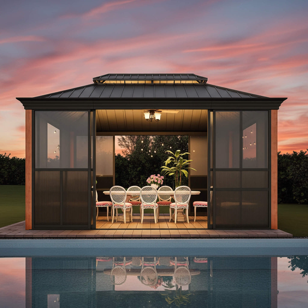 Alora Solstice Premium All-Season Outdoor Wood Grain Sunroom With Sliding Doors And Double Top Roof (SAK58317) – SAKSBY WHOLE
