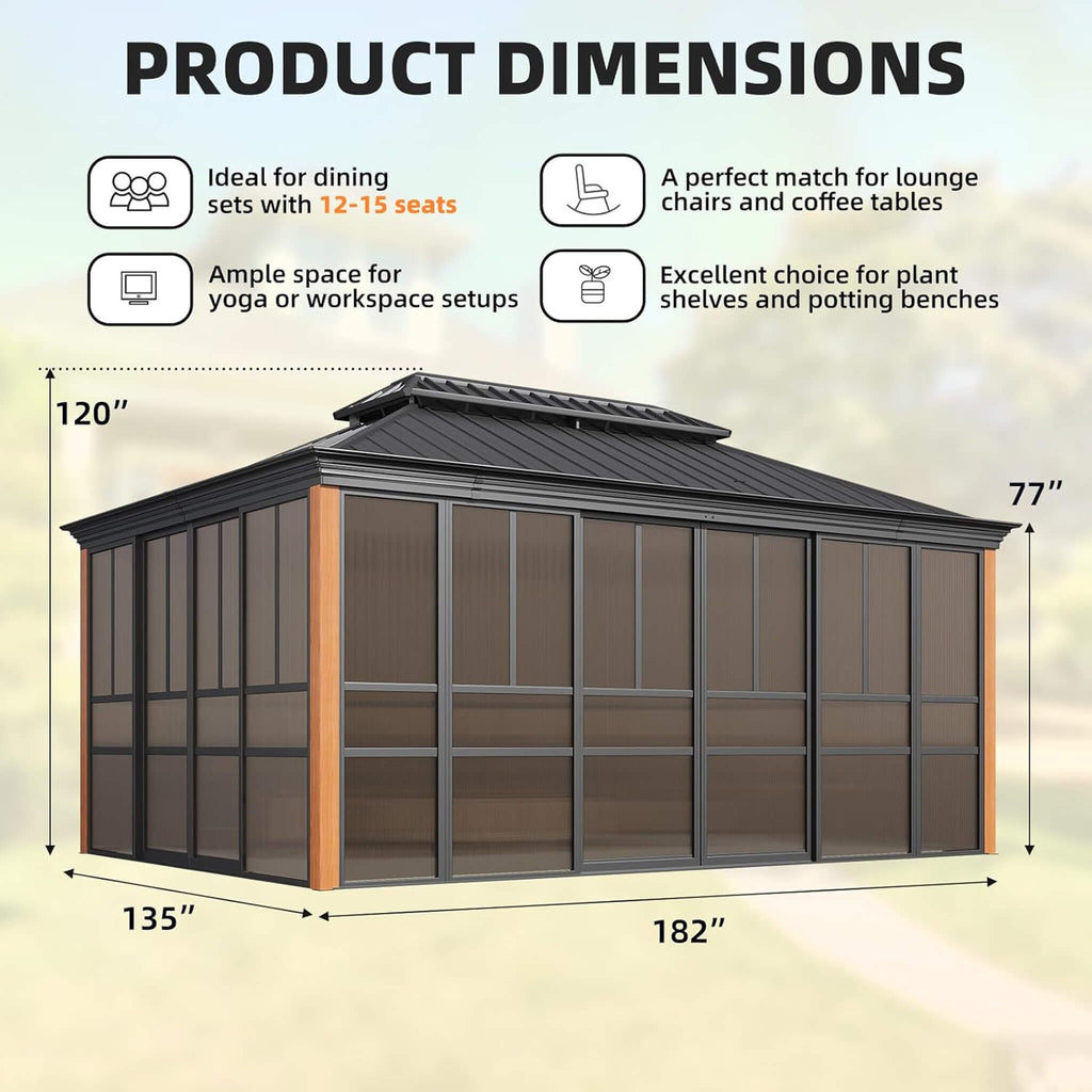 Alora Solstice Premium All-Season Outdoor Wood Grain Sunroom With Sliding Doors And Double Top Roof (SAK58317) – SAKSBY WHOLE