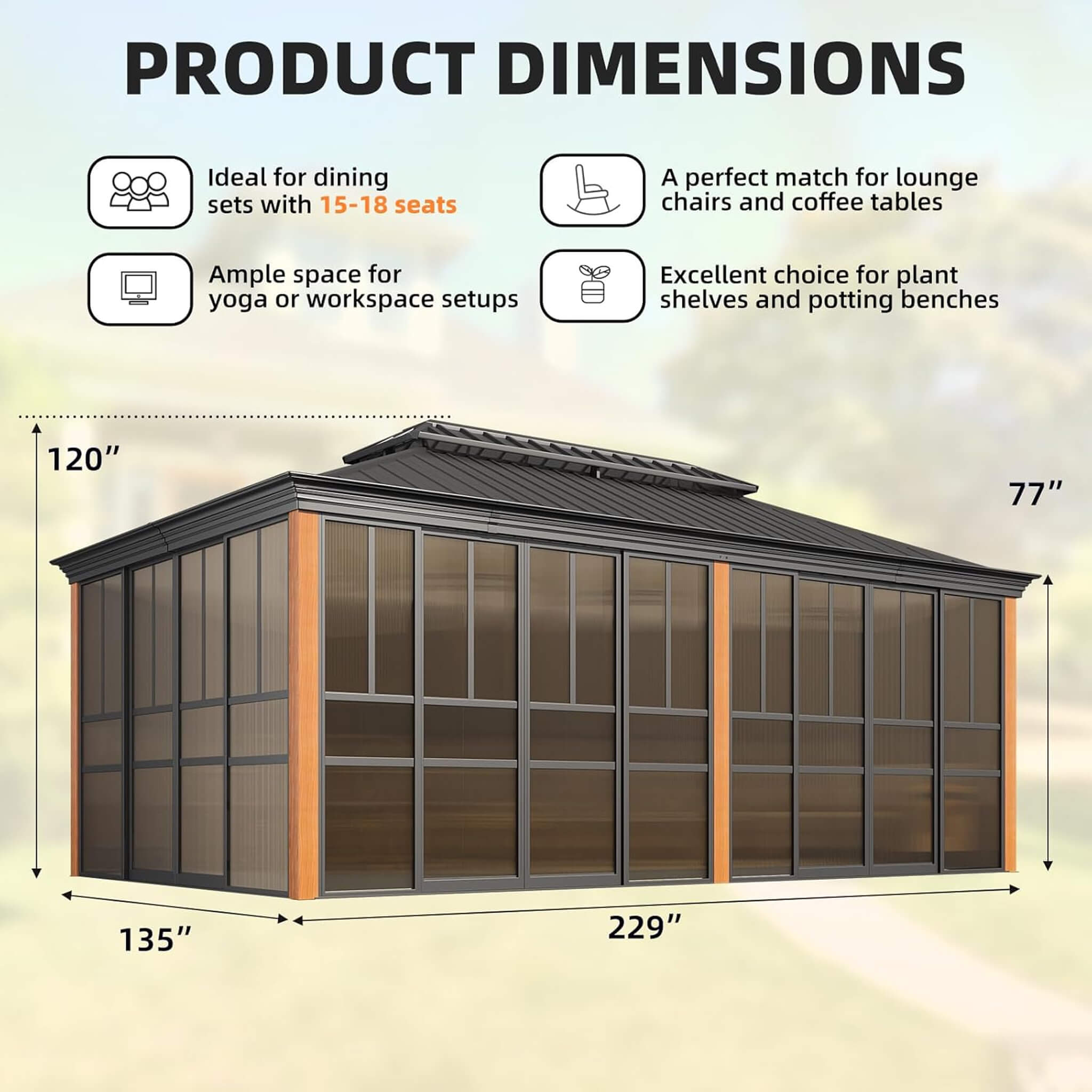 Alora Solstice Premium All-Season Outdoor Wood Grain Sunroom With Sliding Doors And Double Top Roof (SAK58317) – SAKSBY WHOLE