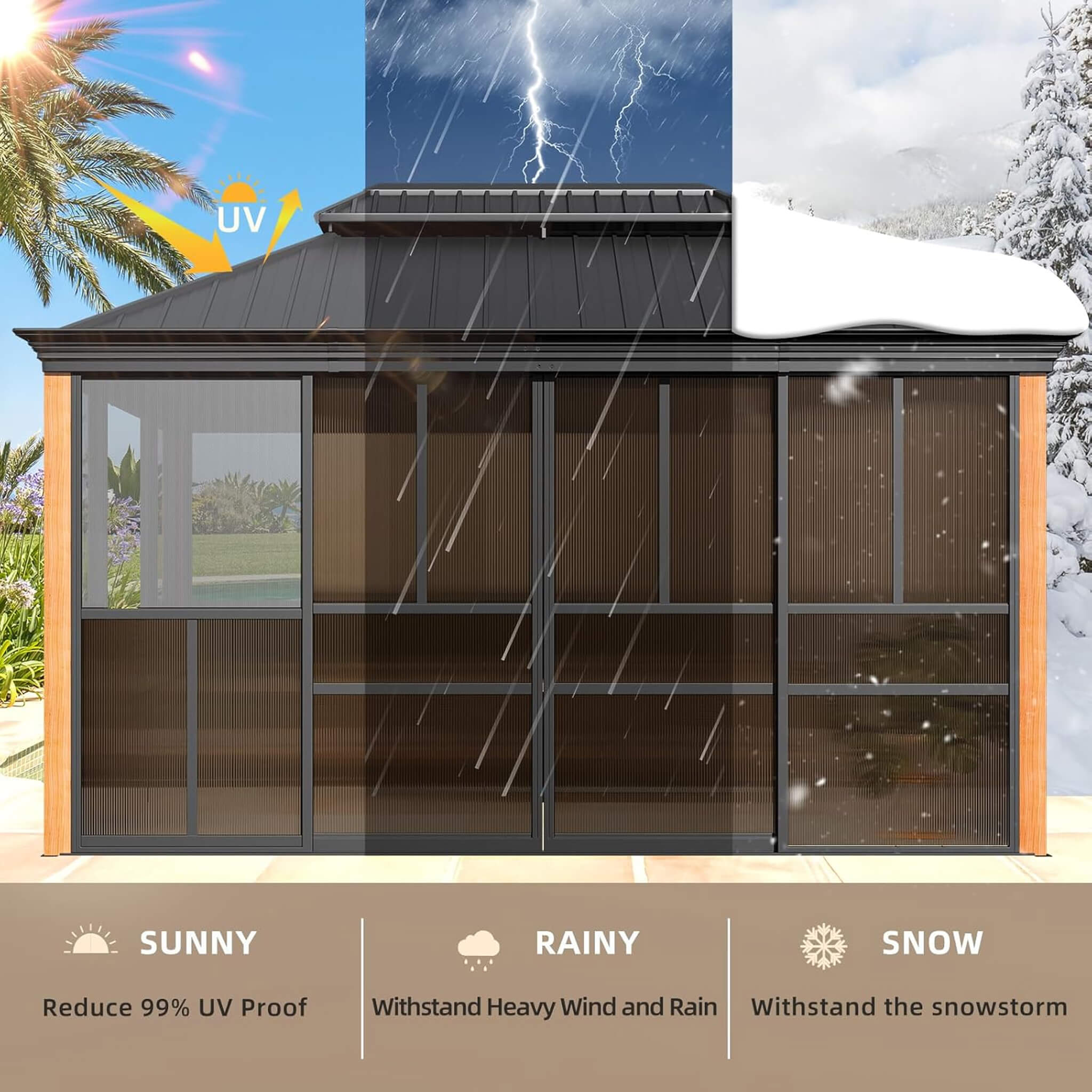Alora Solstice Premium All-Season Outdoor Wood Grain Sunroom With Sliding Doors And Double Top Roof (SAK58317) – SAKSBY WHOLE