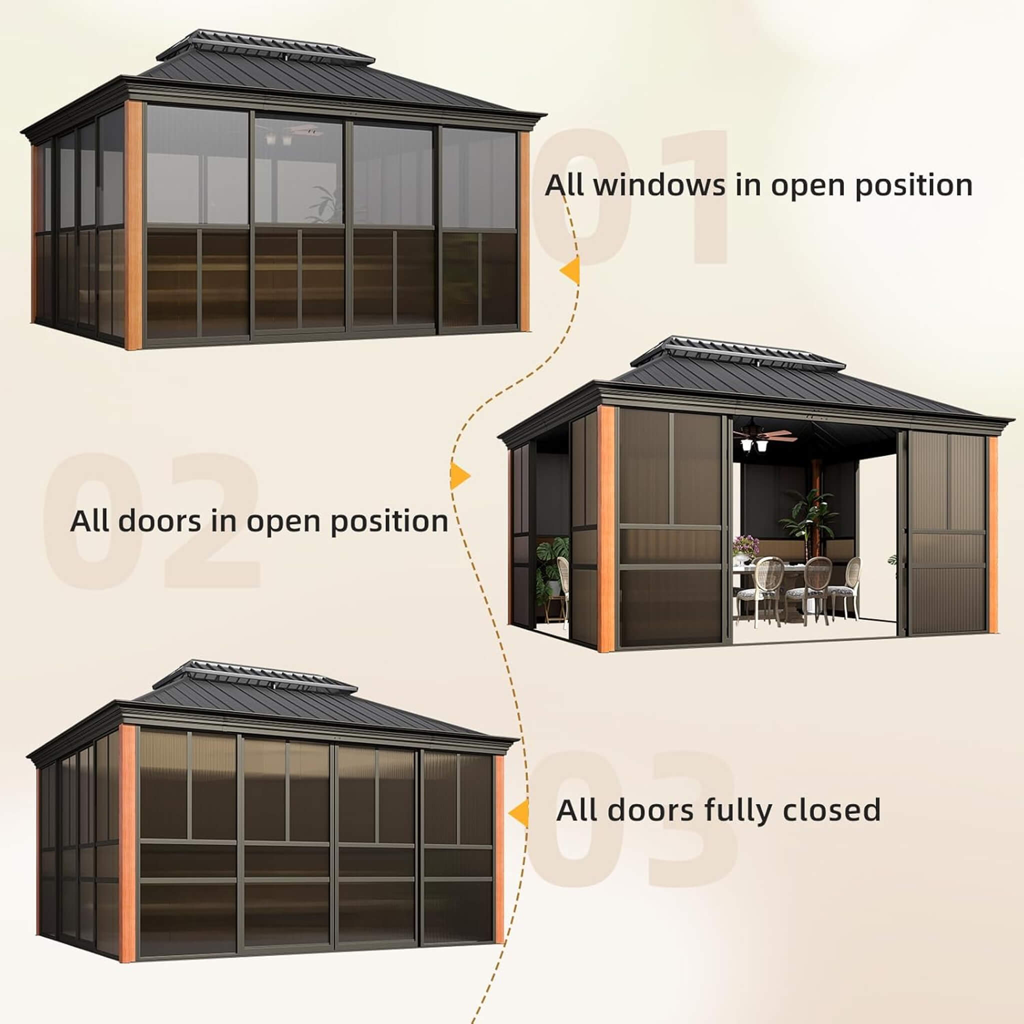 Alora Solstice Premium All-Season Outdoor Wood Grain Sunroom With Sliding Doors And Double Top Roof (SAK58317) – SAKSBY WHOLE