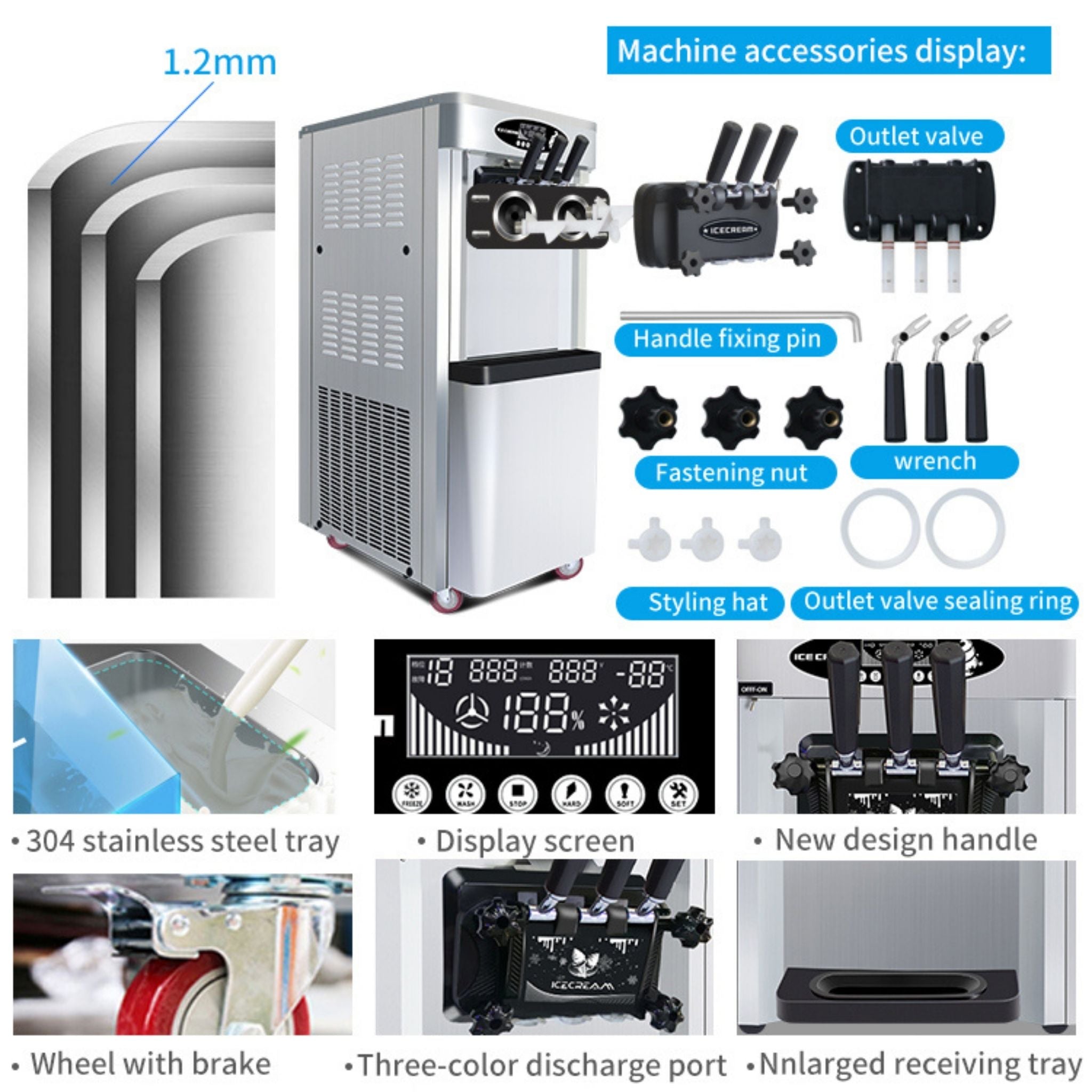 Commercial 25-30L/H Vertical 2000W 3-Flavor Soft Ice Cream Machine With Dual 6L Hoppers (SAK93406) – SAKSBY WHOLESALE, view 7