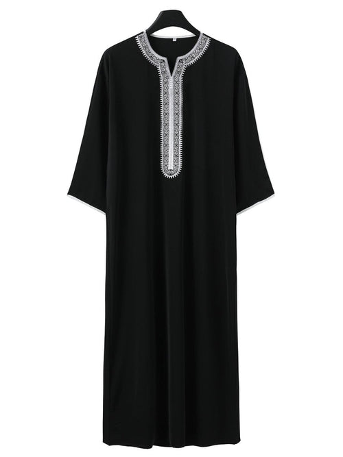 Premium Embroidered Men's Thobe Luxury Loose Fit V-Neck Muslim Robe with Handcrafted White Embroidery (MT025)