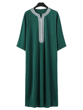 Premium Embroidered Men's Thobe Luxury Loose Fit V-Neck Muslim Robe with Handcrafted White Embroidery (MT025)