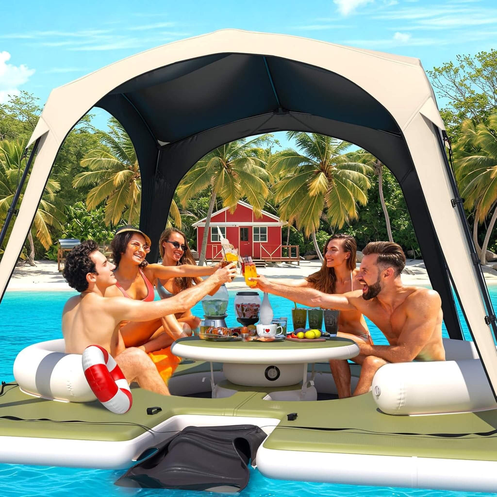 [11X11FT] Premium Floating Dock Lounge With With Ladder, Double Seats, Table, And Canopy (SAK49273) – SAKSBY WHOLESALE, view 