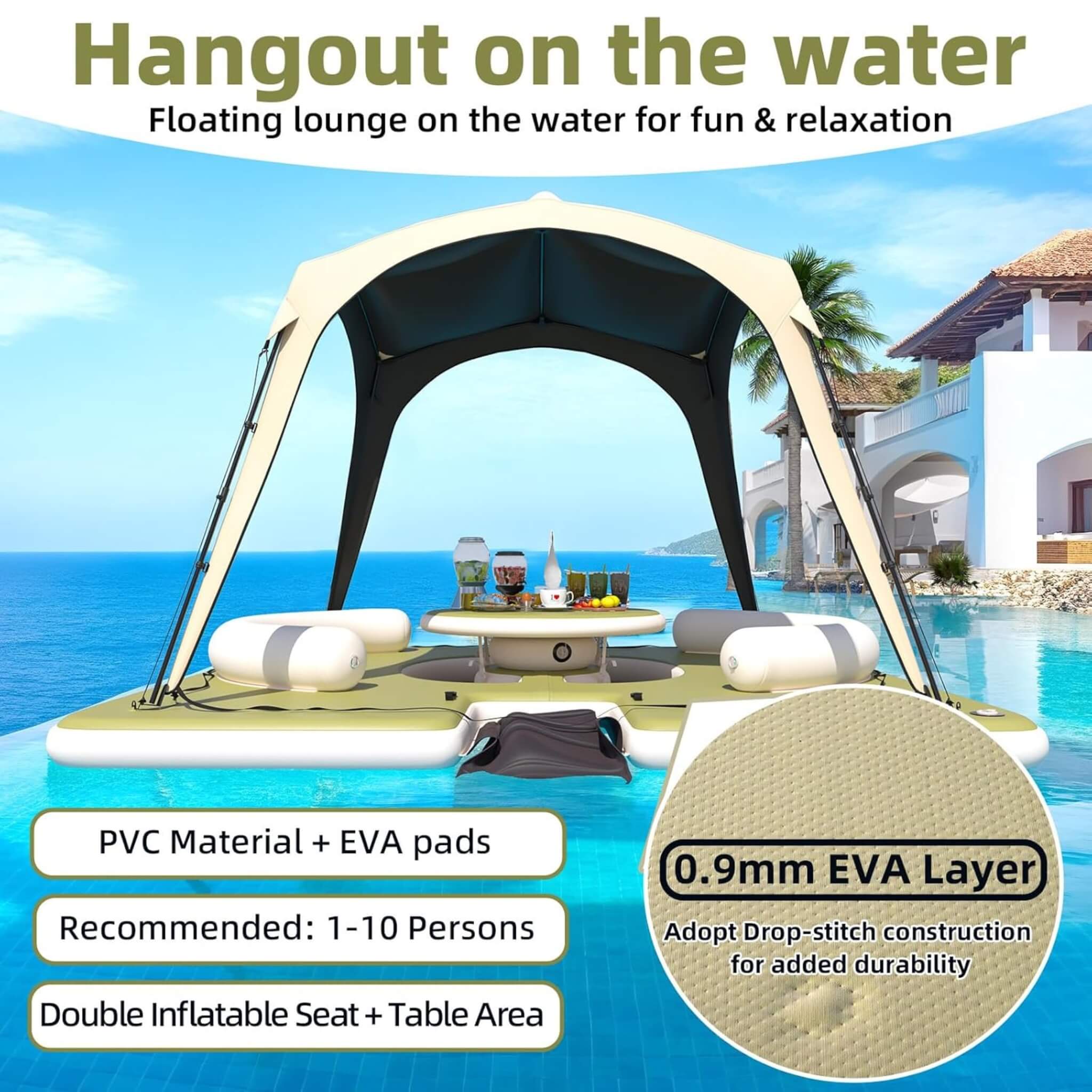 [11X11FT] Premium Floating Dock Lounge With With Ladder, Double Seats, Table, And Canopy (SAK49273) – SAKSBY WHOLESALE, view 