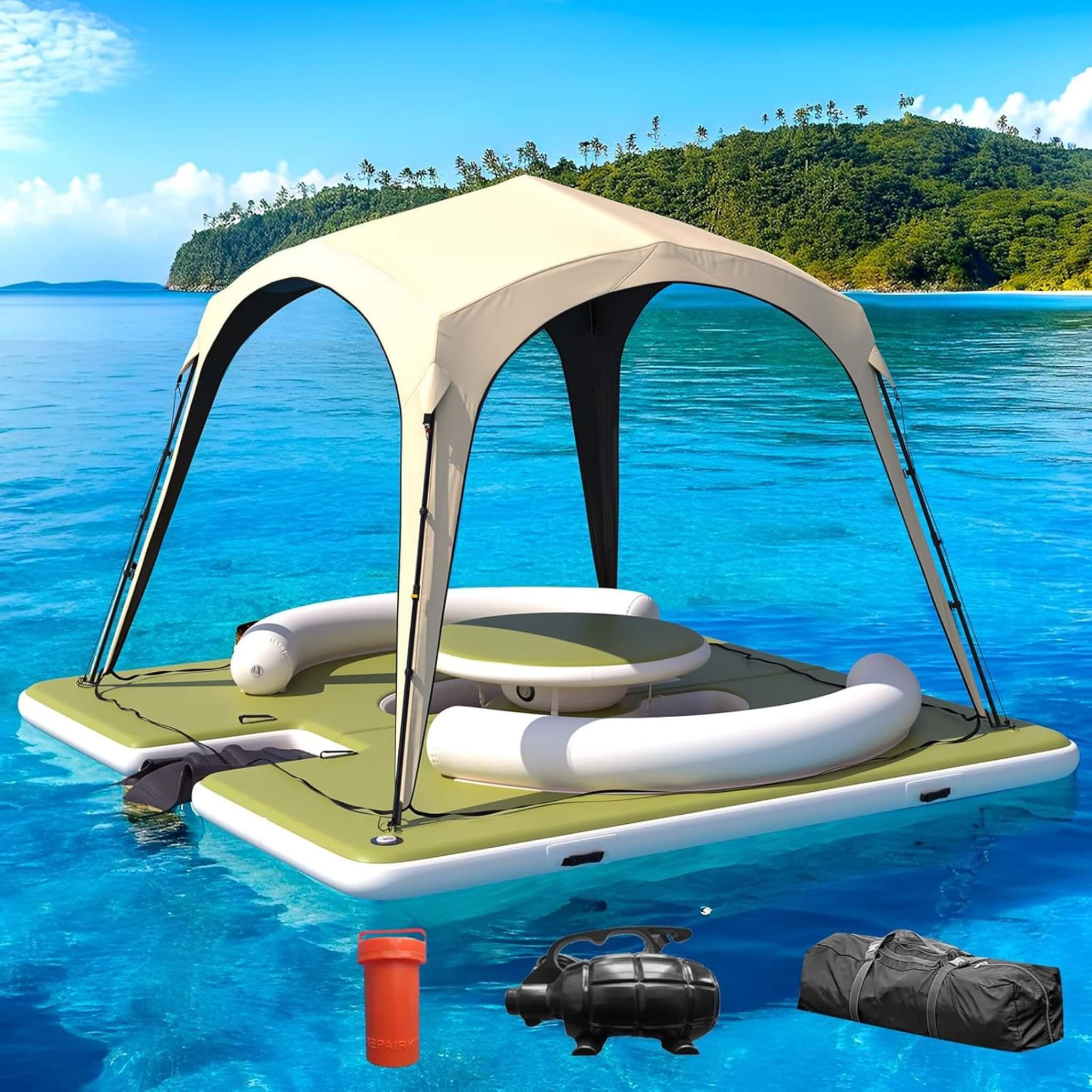 [11X11FT] Premium Floating Dock Lounge With With Ladder, Double Seats, Table, And Canopy (SAK49273) – SAKSBY WHOLESALE, view 