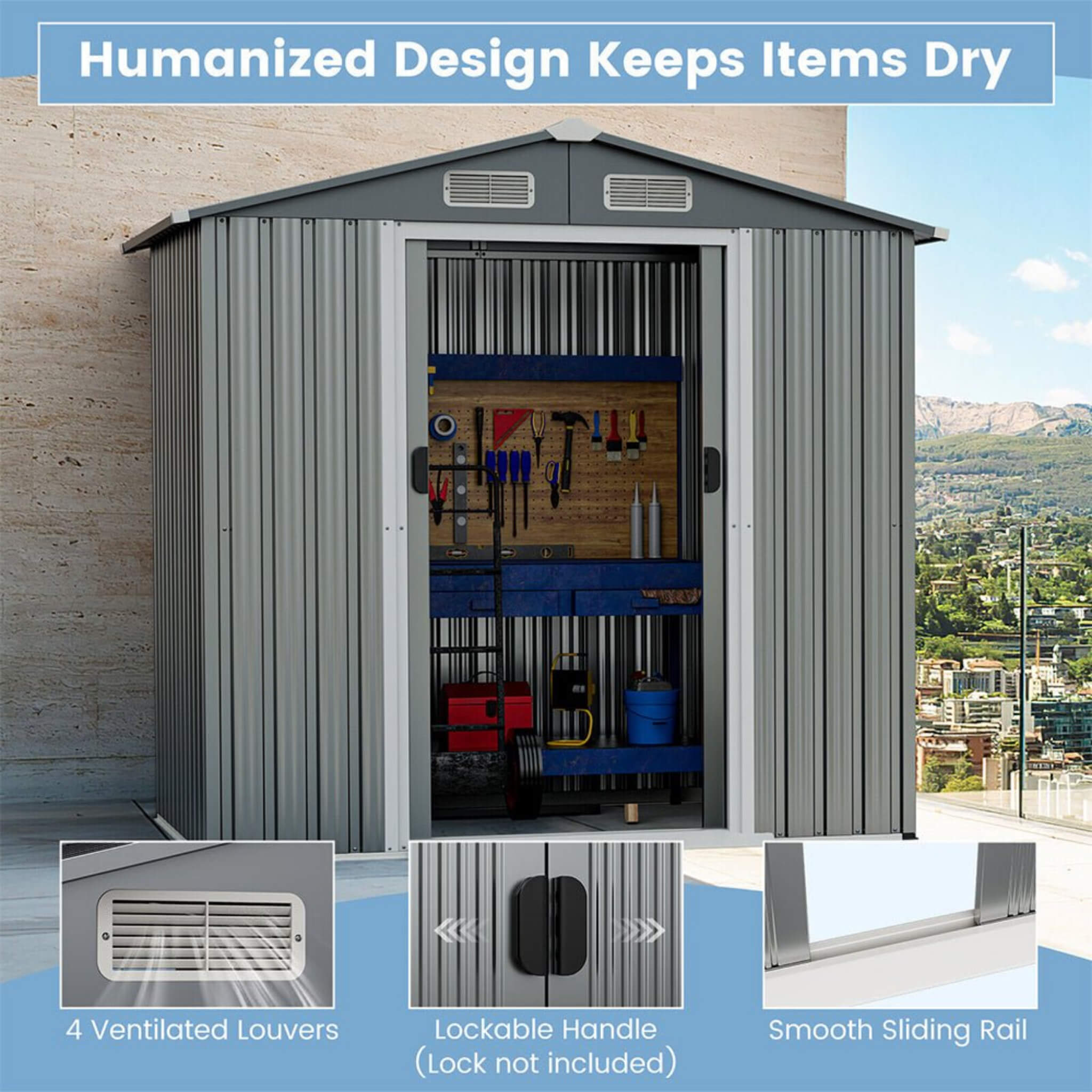 [04X06FT] Alora Premium Garden Galvanized Steel Storage Shed W/ Lockable Sliding Doors (SAK75842) – SAKSBY WHOLESALE, view 6