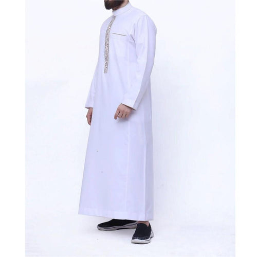 Premium Gold Islamic Geometric Print Men's Thobe Long Robe with Stand Collar & Side Pocket (MT028)
