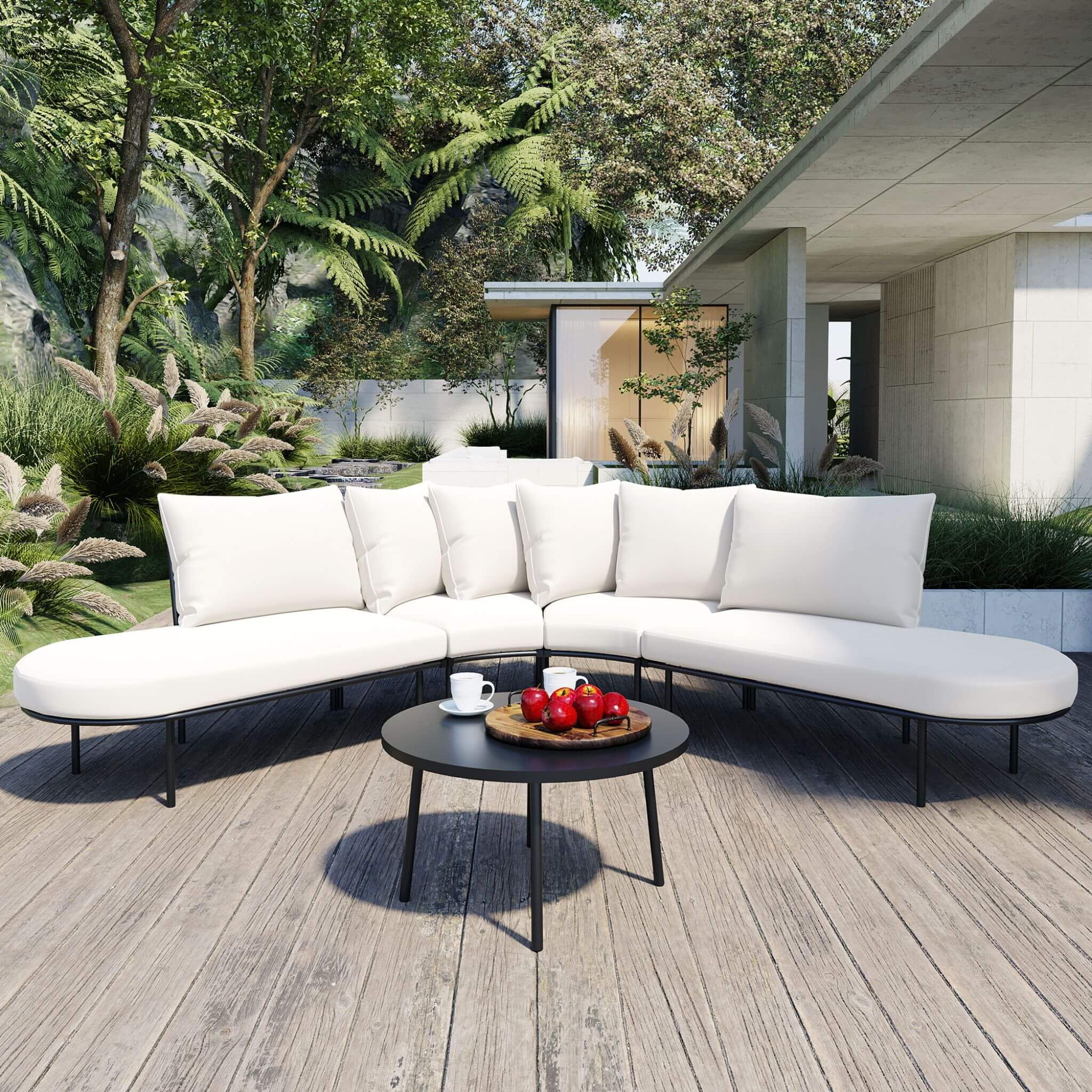 Alora Premium Half-Moon 6-Person Curved All-Weather Outdoor Furniture Sofa Patio Set With Coffee Table And Cushions (SAK76332