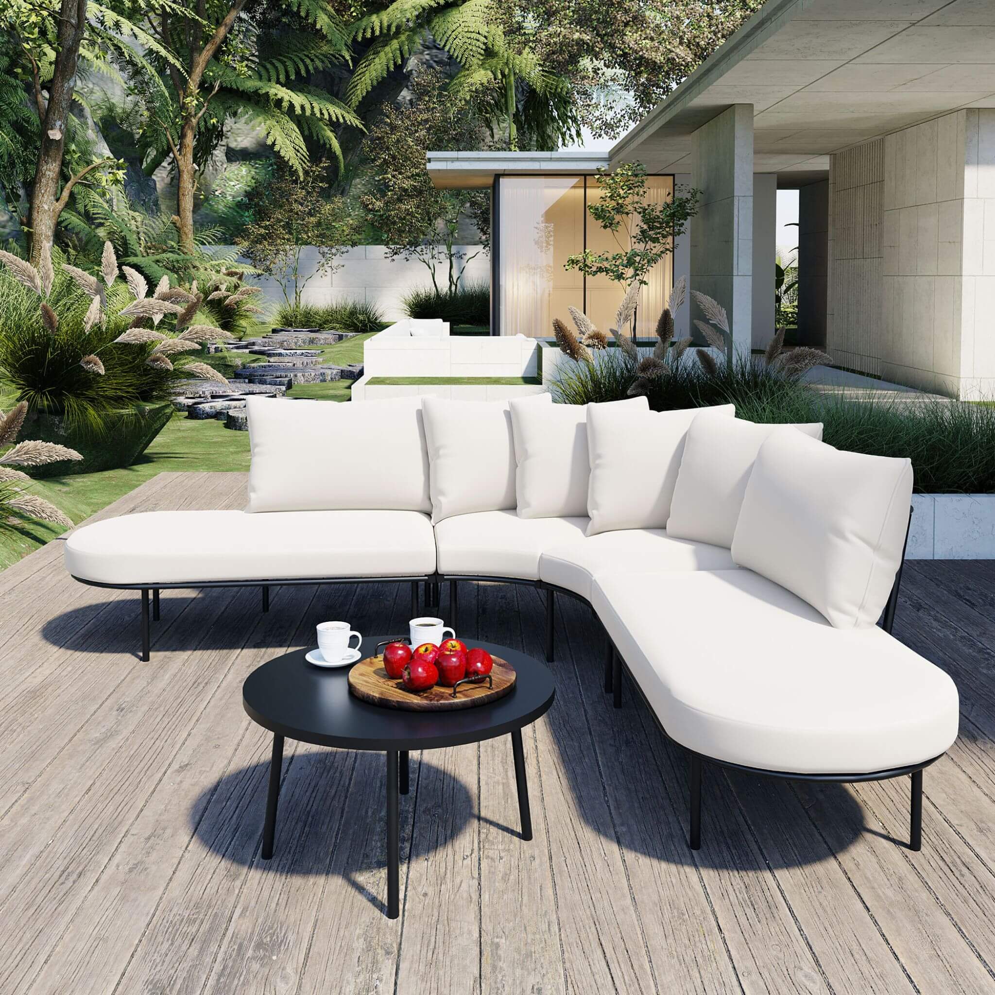 Alora Premium Half-Moon 6-Person Curved All-Weather Outdoor Furniture Sofa Patio Set With Coffee Table And Cushions (SAK76332