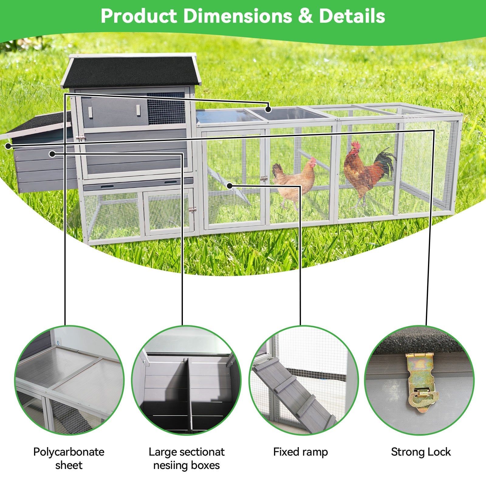 Large Heavy-Duty 113-Inch Outdoor Anti-UV Waterproof Wooden Chicken Coop Hen House (SAK32684) – SAKSBY WHOLESALE, view 8