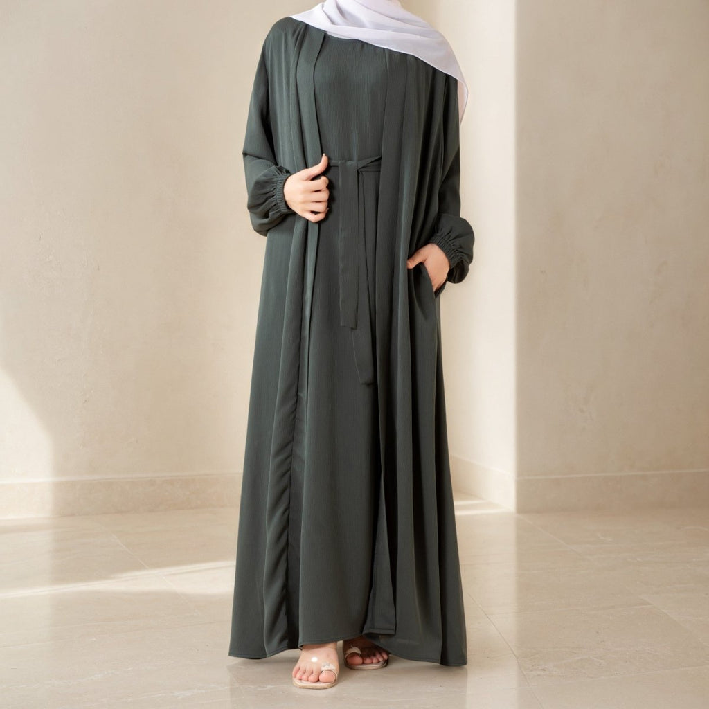 Mariam's Collection Premium Nida Zoom Open Abaya 3-Piece Set (MOA239) — lifestyle worn / used context