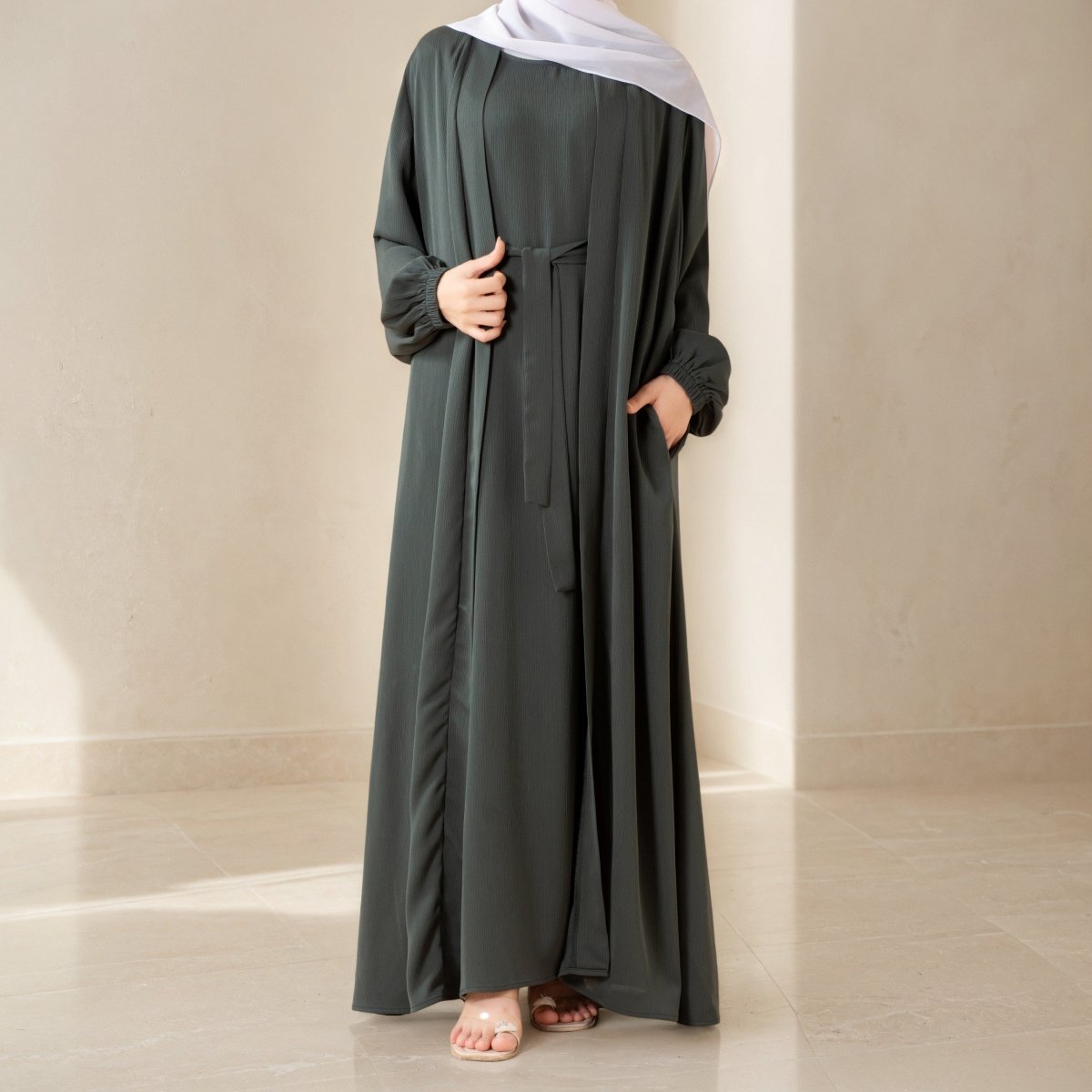 Mariam's Collection Premium Nida Zoom Open Abaya 3-Piece Set (MOA239) — lifestyle worn / used context