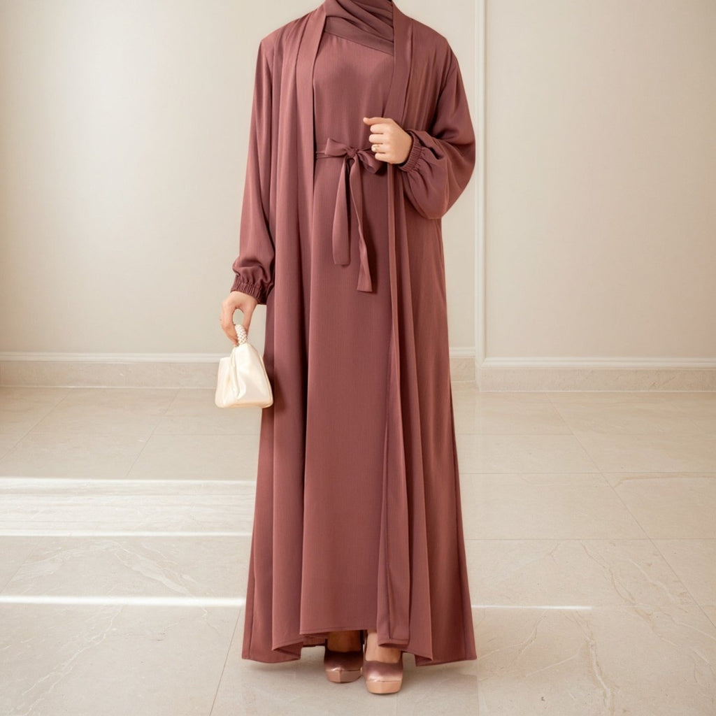 Mariam's Collection Premium Nida Zoom Open Abaya 3-Piece Set (MOA239) — Mariam's Collection branding close-up