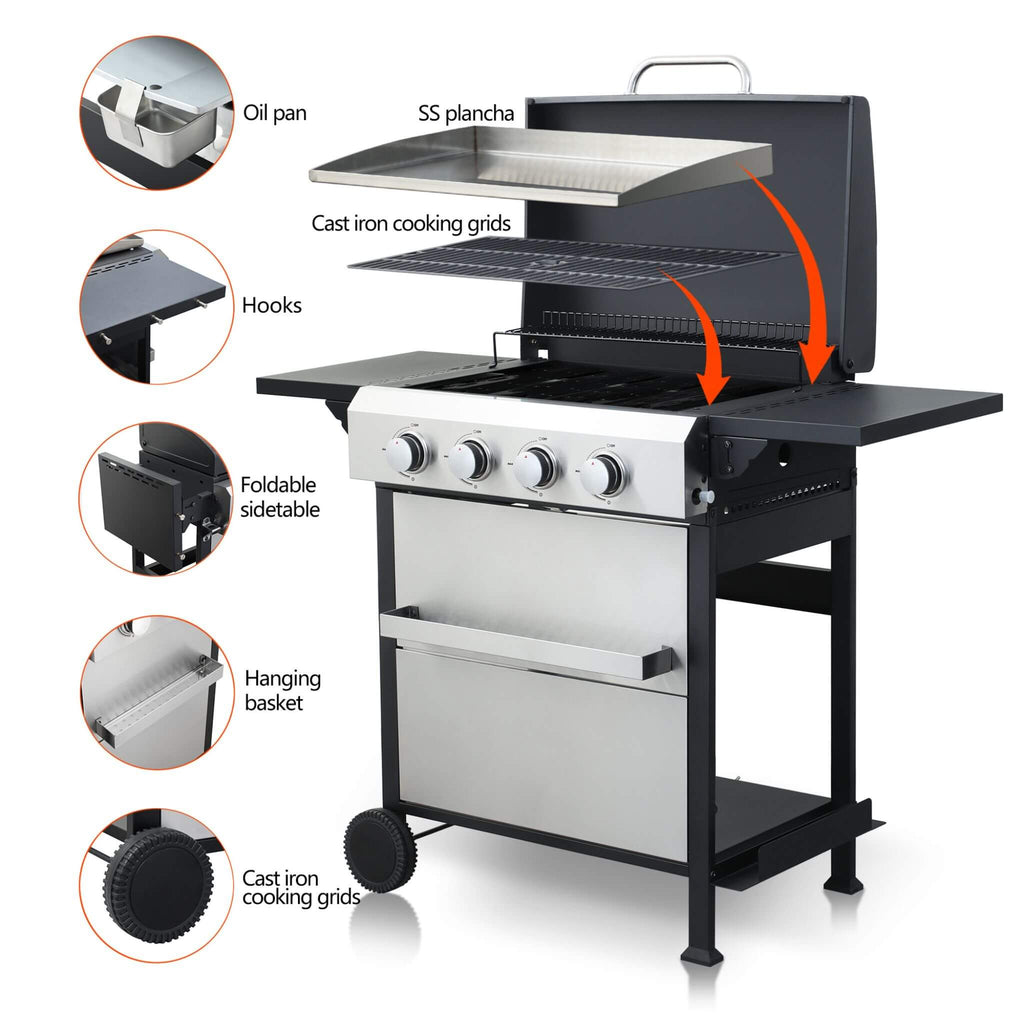 Premium Outdoor 4-Burner Propane BBQ Grill With Foldable Side Tables, Hanging Basket, And Cooking Grids (SAK53213) – SAKSBY W