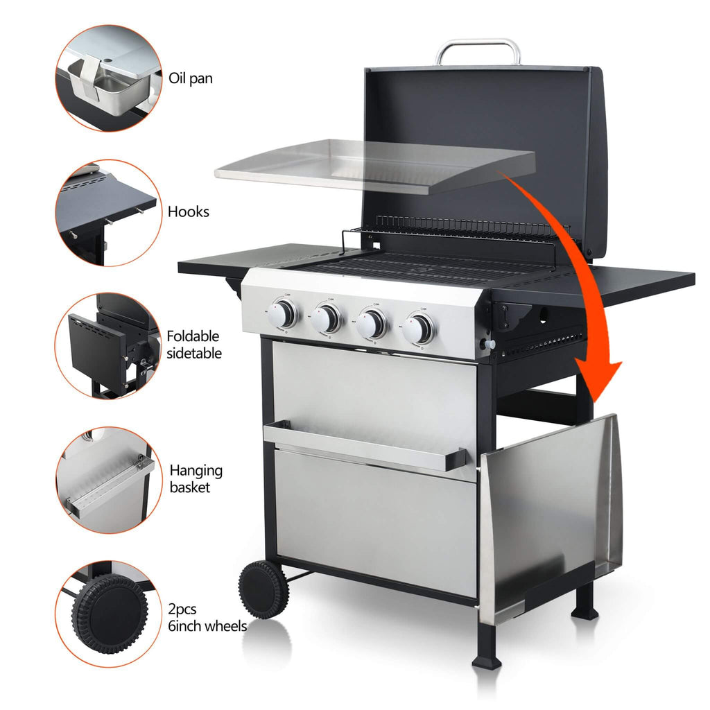 Premium Outdoor 4-Burner Propane BBQ Grill With Foldable Side Tables, Hanging Basket, And Cooking Grids (SAK53213) – SAKSBY W