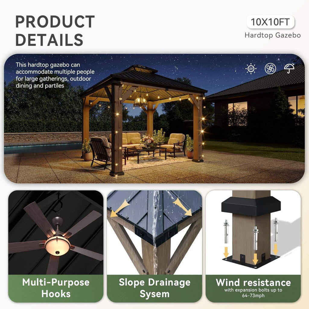 Alora Premium Outdoor Cedar Wood Galvanized Steel Hardtop Gazebo (SAK23907) – SAKSBY WHOLESALE, view 3