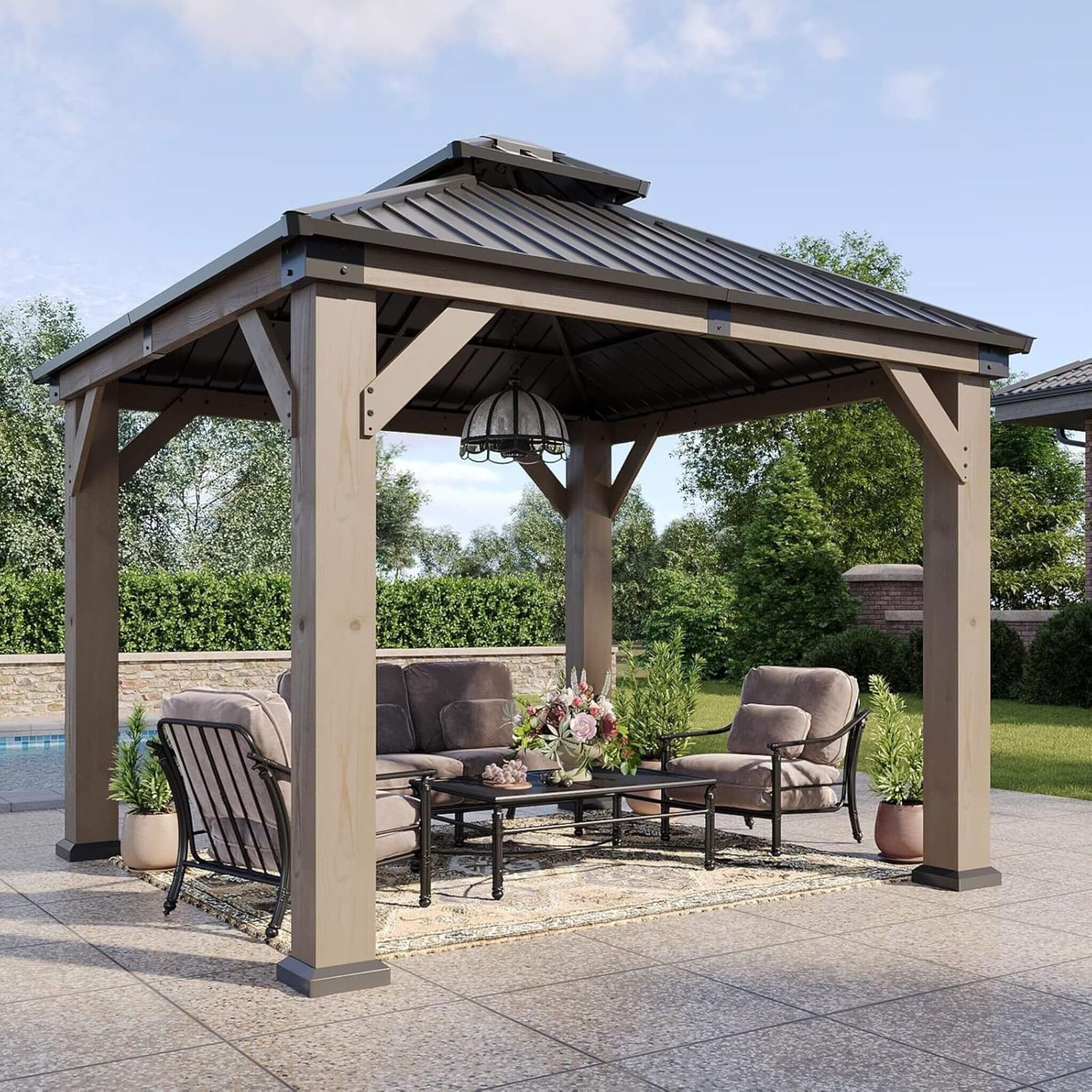 Alora Premium Outdoor Cedar Wood Galvanized Steel Hardtop Gazebo (SAK23907) – SAKSBY WHOLESALE