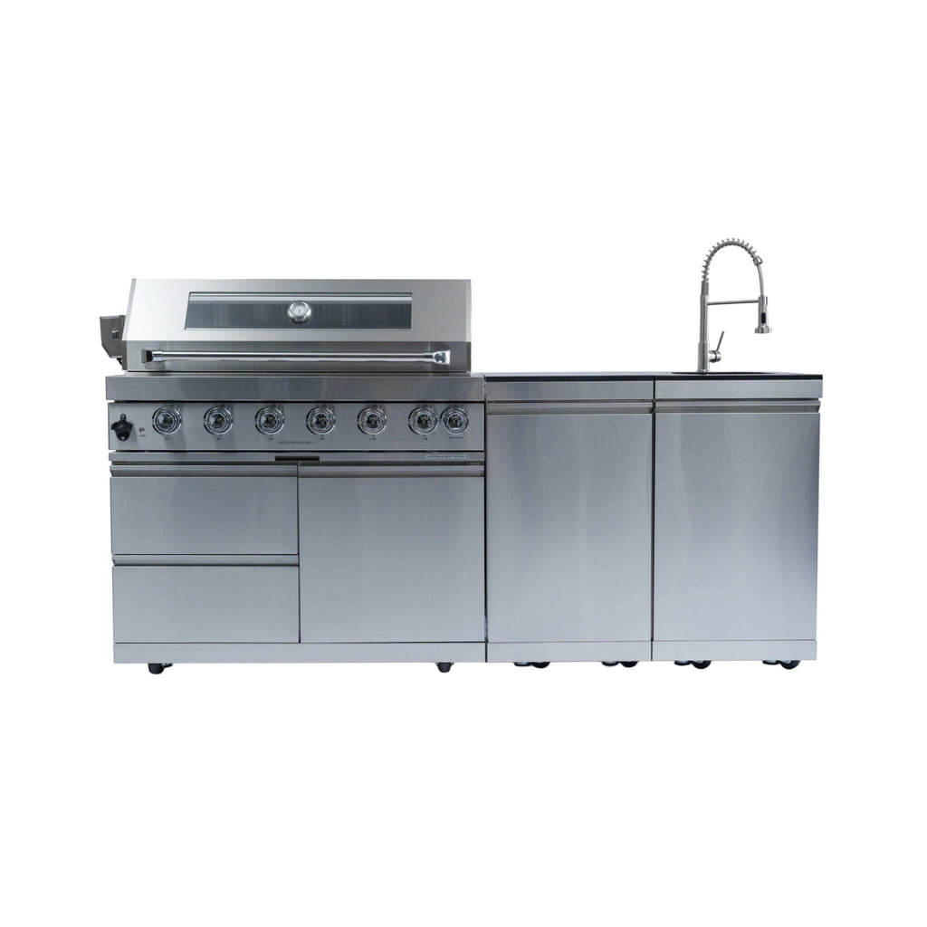 Castelle Flame Tuscany Outdoor BBQ Liquid Propane Kitchen Grill Island With 43-Inch 6-Burner 85K BTU Propane Gas Grill, Rotis