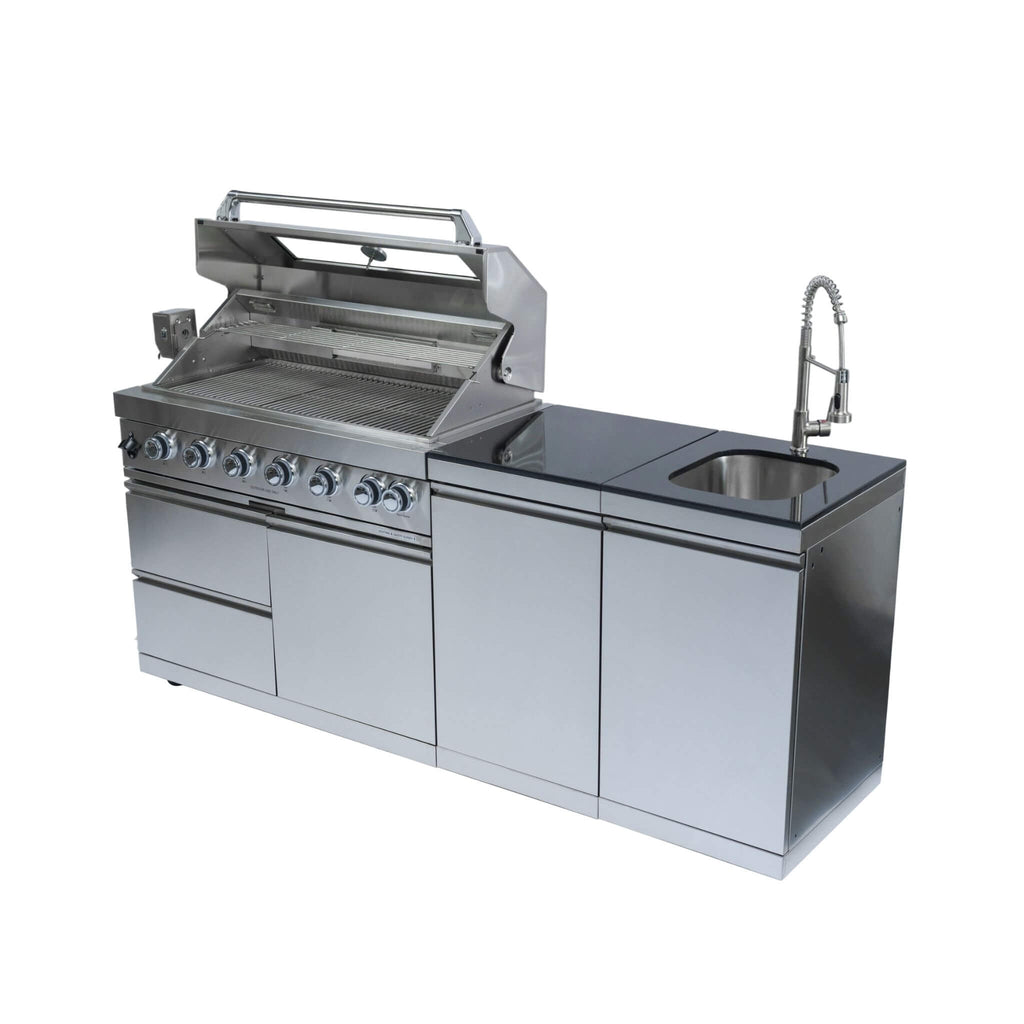 Castelle Flame Tuscany Outdoor BBQ Liquid Propane Kitchen Grill Island With 43-Inch 6-Burner 85K BTU Propane Gas Grill, Rotis