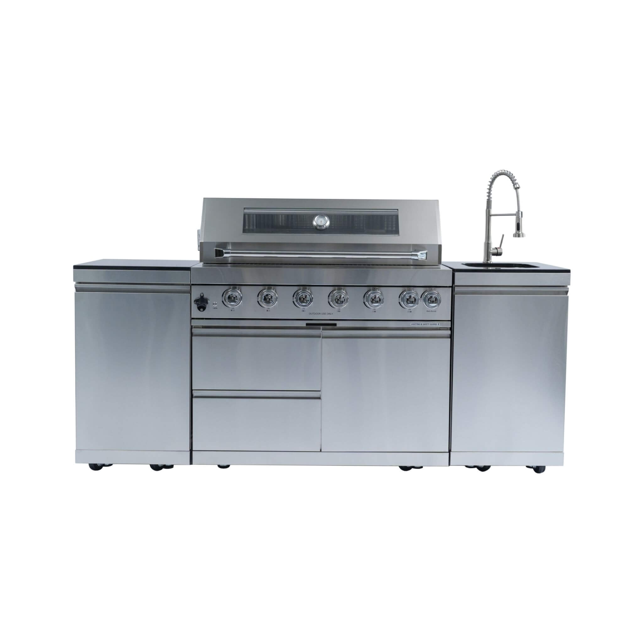 Castelle Flame Tuscany Outdoor BBQ Liquid Propane Kitchen Grill Island With 43-Inch 6-Burner 85K BTU Propane Gas Grill, Rotis