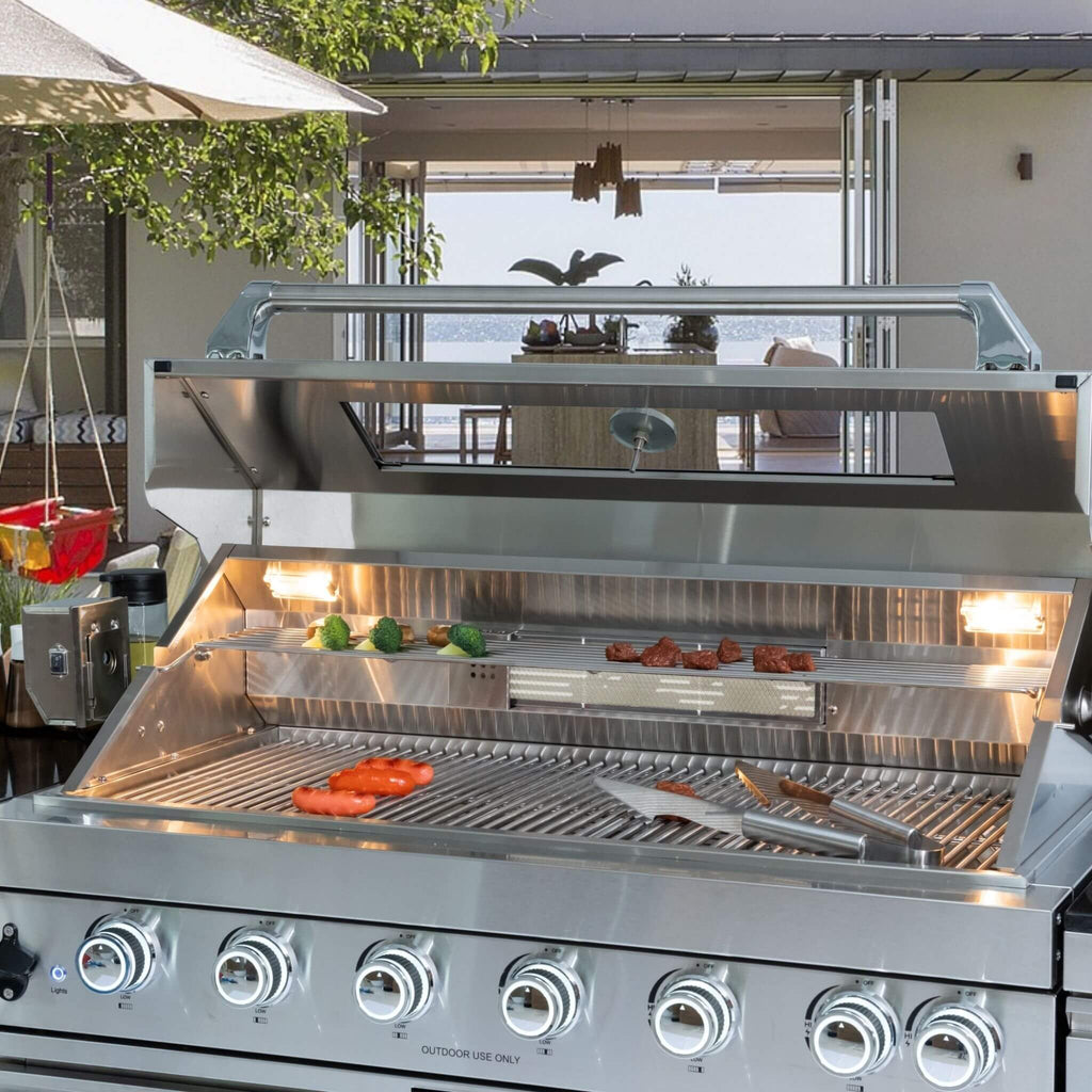Castelle Flame Tuscany Outdoor BBQ Liquid Propane Kitchen Grill Island With 43-Inch 6-Burner 85K BTU Propane Gas Grill, Rotis