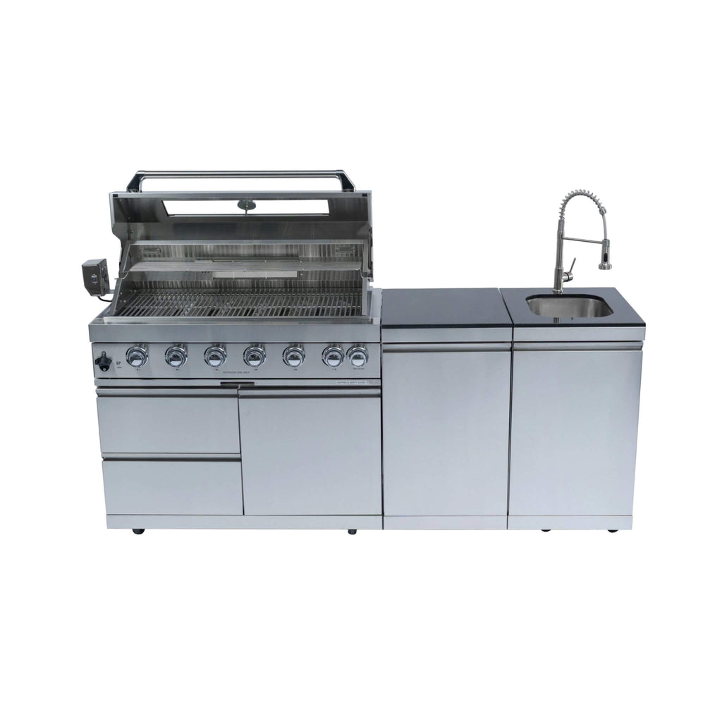 Castelle Flame Tuscany Outdoor BBQ Liquid Propane Kitchen Grill Island With 43-Inch 6-Burner 85K BTU Propane Gas Grill, Rotis