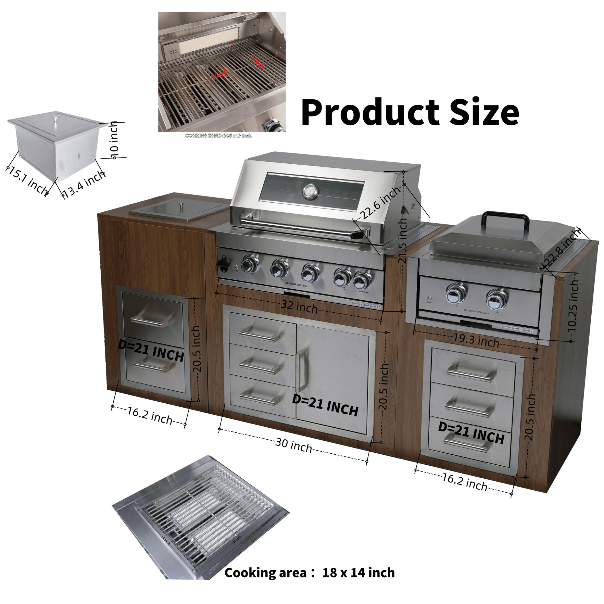 Premium Outdoor Kitchen With 32-Inch 60K BTU Built-In Stainless Steel LPG Gas Grill, Door And Drawer Combo And Stainless Stee