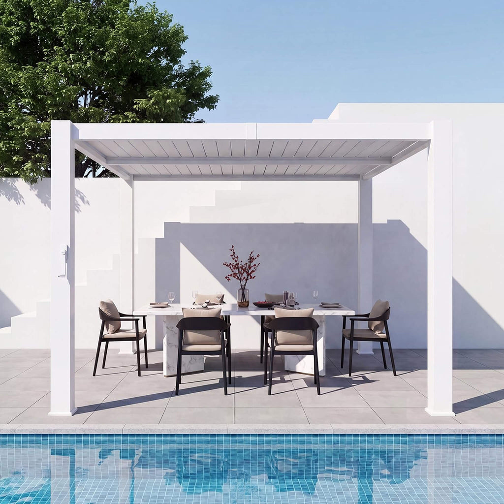 Alora Premium White Outdoor Metal Louvered Pergola With Drainage System (SAK87265) – SAKSBY WHOLESALE