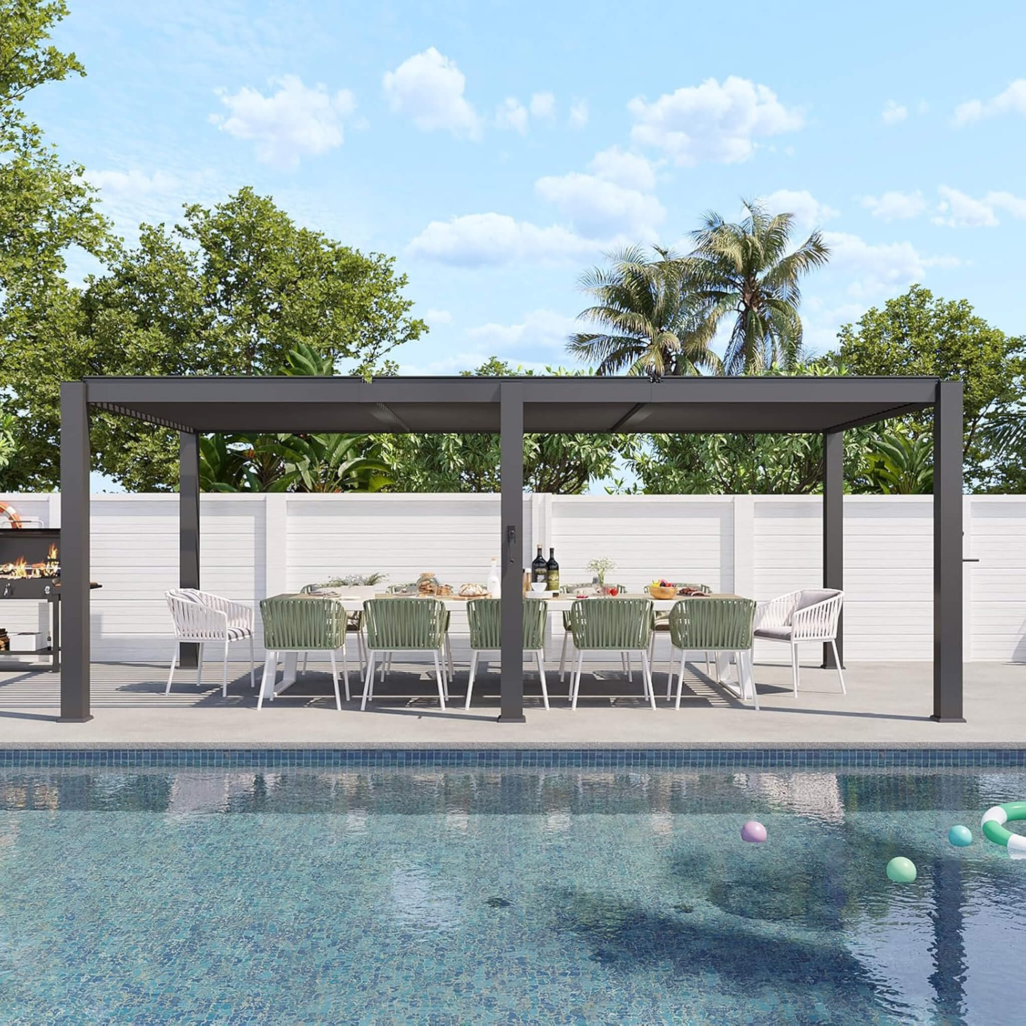 Alora Premium Gray Outdoor Metal Pergola With Louvered Roof And Drainage System (SAK76143) – SAKSBY WHOLESALE