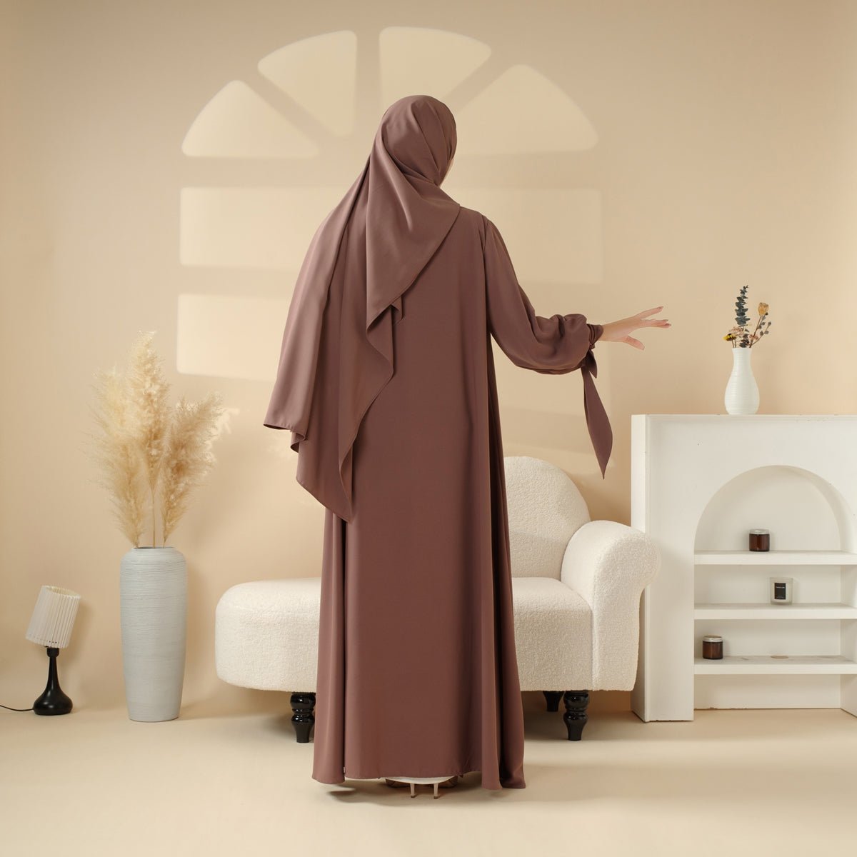 Mariam's Collection Premium Ribbon Sleeve Abaya: An Elegant Four-piece Abaya Set (MOA105) — flat-lay composition