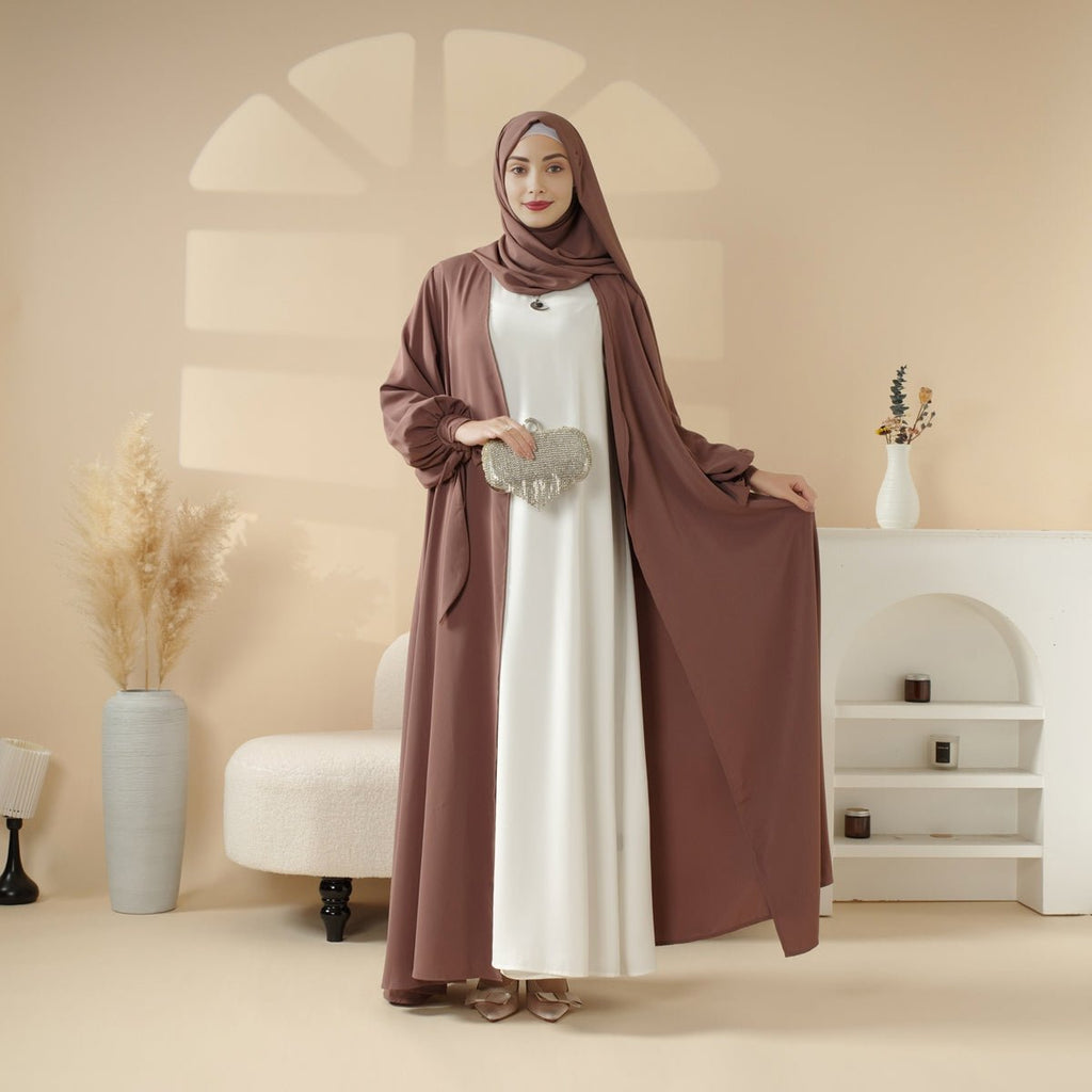 Mariam's Collection Premium Ribbon Sleeve Abaya: An Elegant Four-piece Abaya Set (MOA105) — product on model