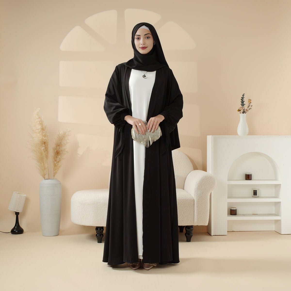 Mariam's Collection Premium Ribbon Sleeve Abaya: An Elegant Four-piece Abaya Set (MOA105) — side view