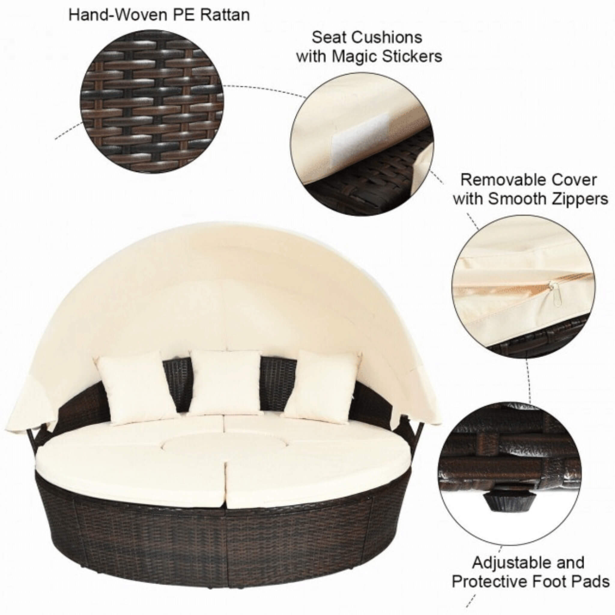 Alora Premium 76-Inch Round Outdoor Patio Rattan Daybed W/ Canopy & Table (SAK96418) – SAKSBY WHOLESALE, view 10