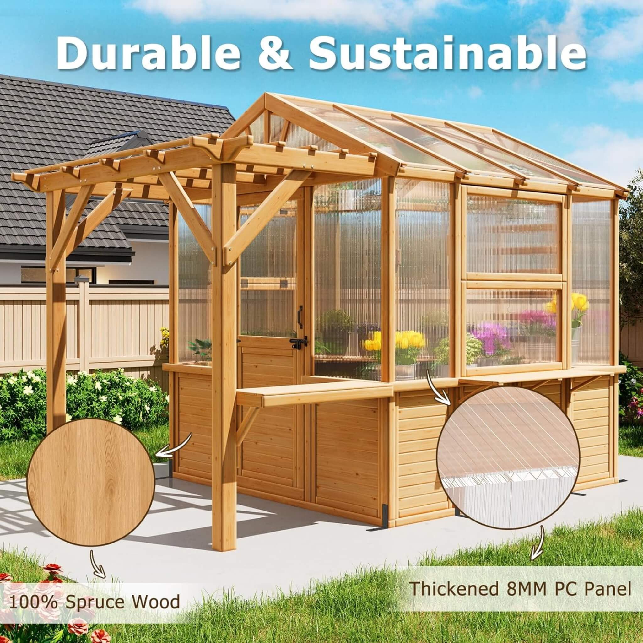Premium Walk-In Spruce Wood Greenhouse With Pergola And Shelves (SAK75890) – SAKSBY WHOLESALE, view 6