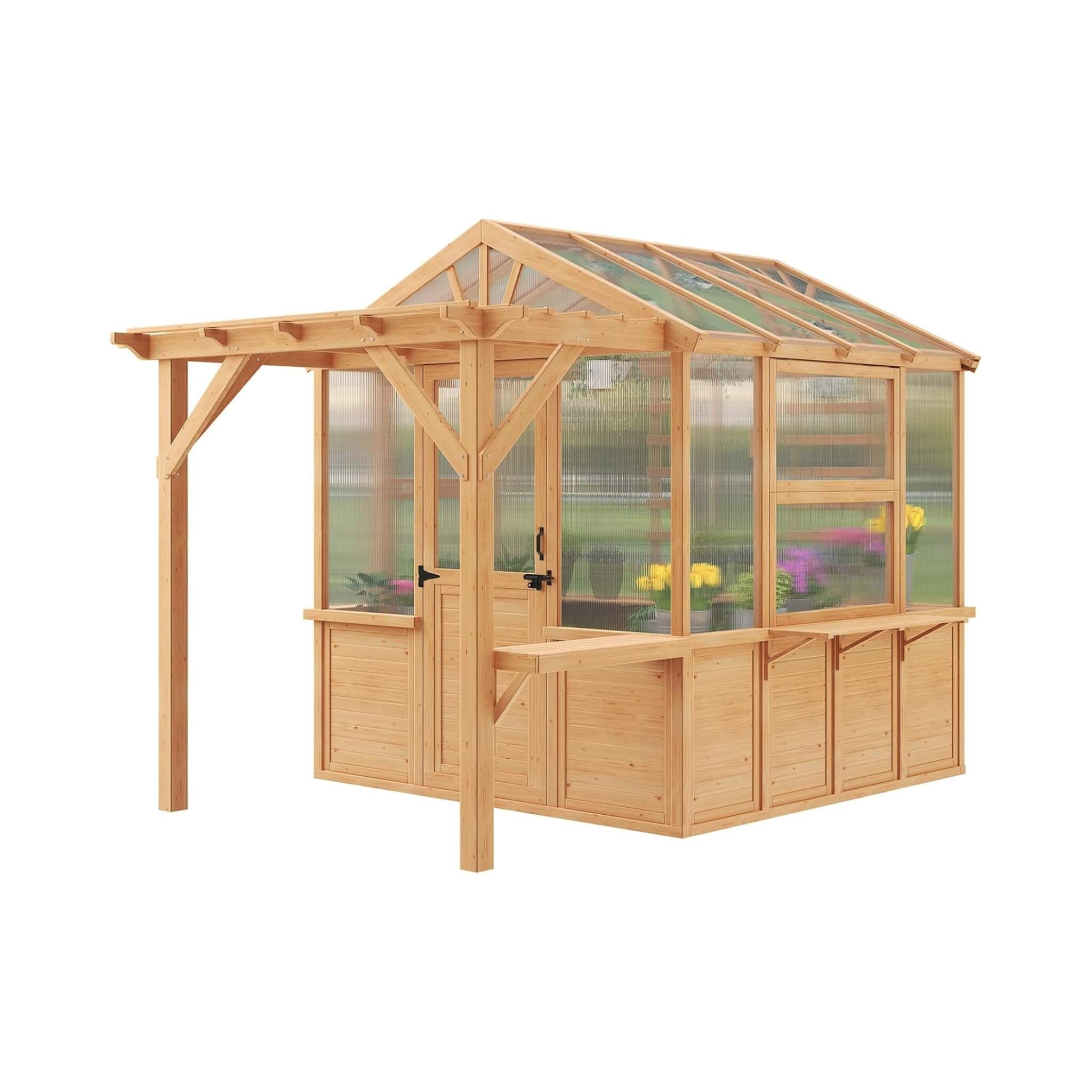 Premium Walk-In Spruce Wood Greenhouse With Pergola And Shelves (SAK75890) – SAKSBY WHOLESALE, view 9