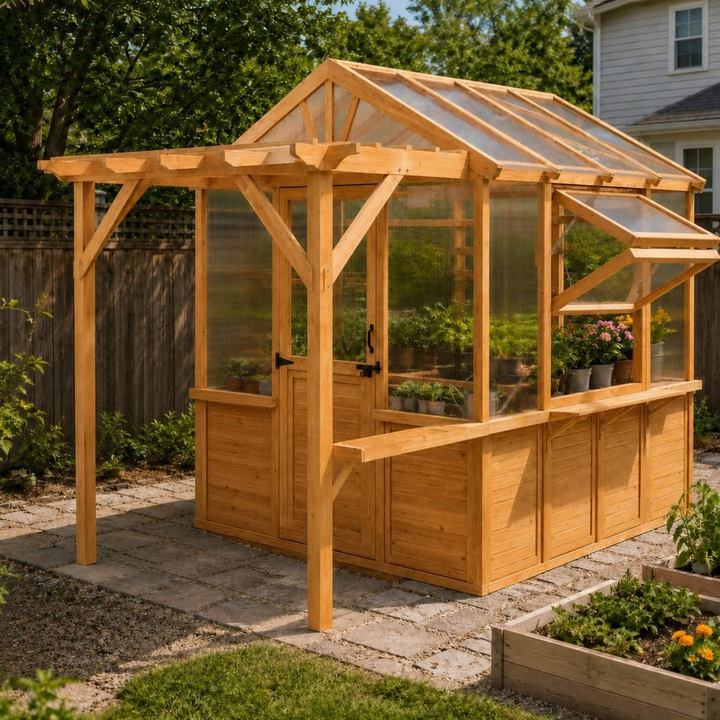 Premium Walk-In Spruce Wood Greenhouse With Pergola And Shelves (SAK75890) – SAKSBY WHOLESALE