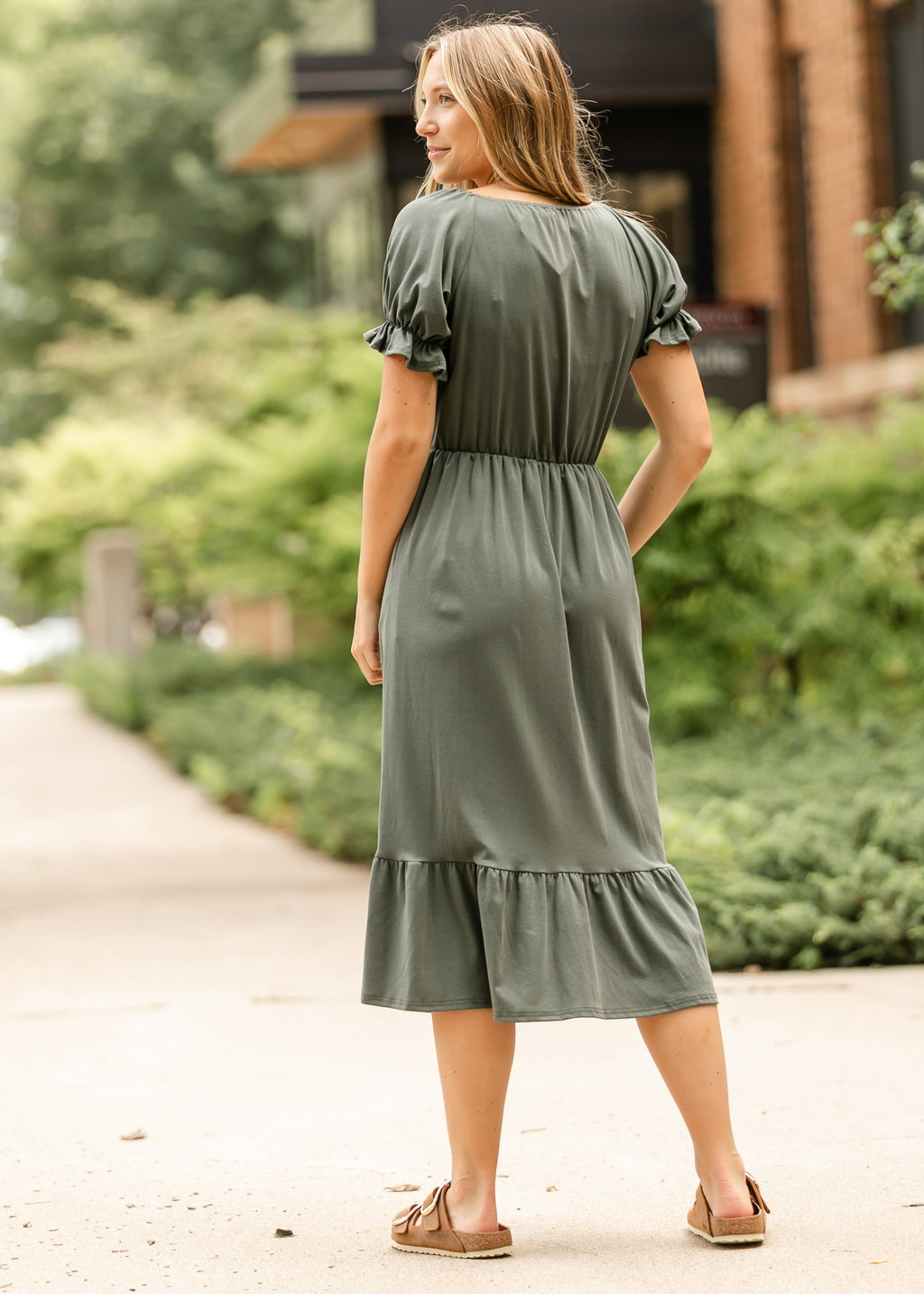 Inherit Co. Amy Puff Sleeve Midi Dress — in-use photo